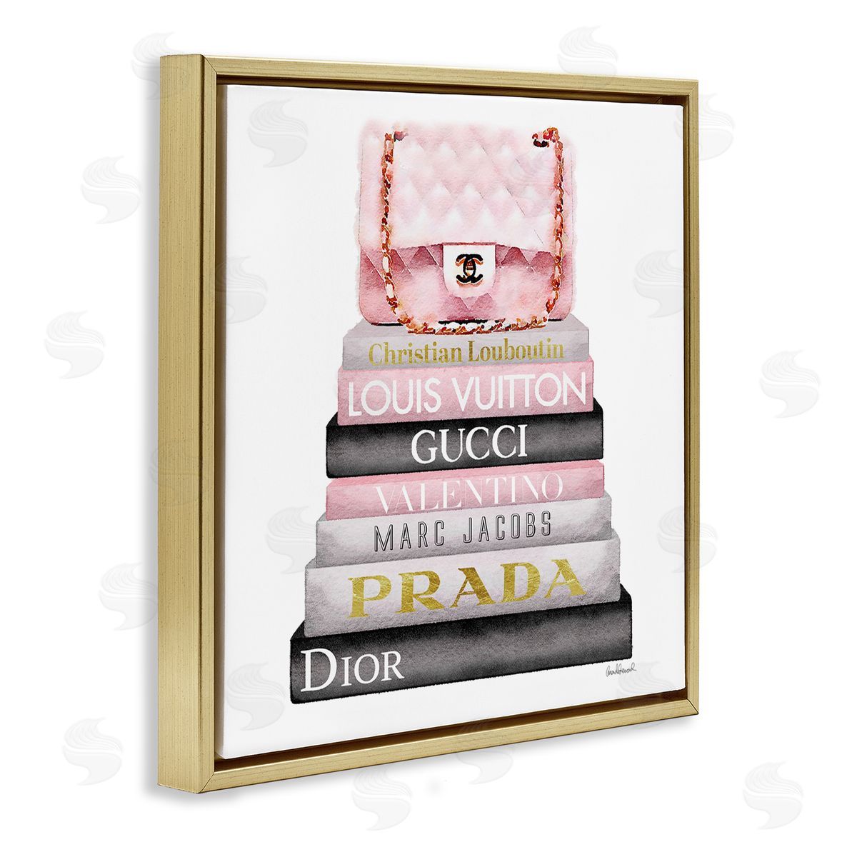 Watercolor High Fashion Bookstack Gold Floating Frame Canvas Wall Art, Home Decor by Amanda Greenwood