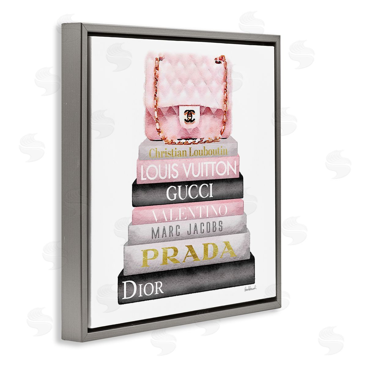 Watercolor High Fashion Bookstack Grey Floating Frame Canvas Wall Art, Home Decor by Amanda Greenwood