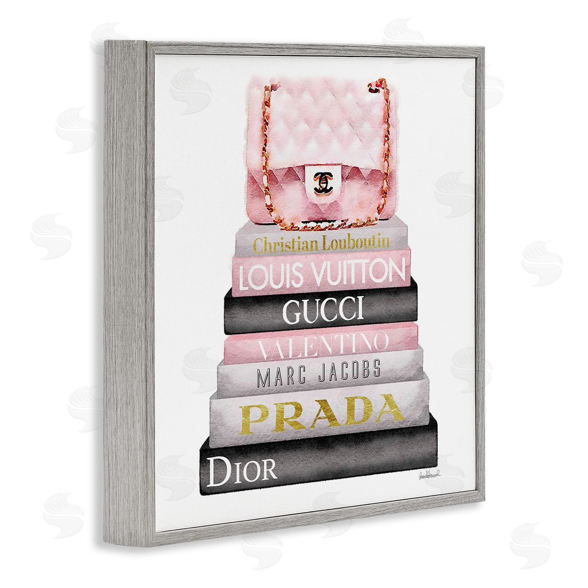 Watercolor High Fashion Bookstack Grey Frame Print Wall Art, Home Decor by Amanda Greenwood