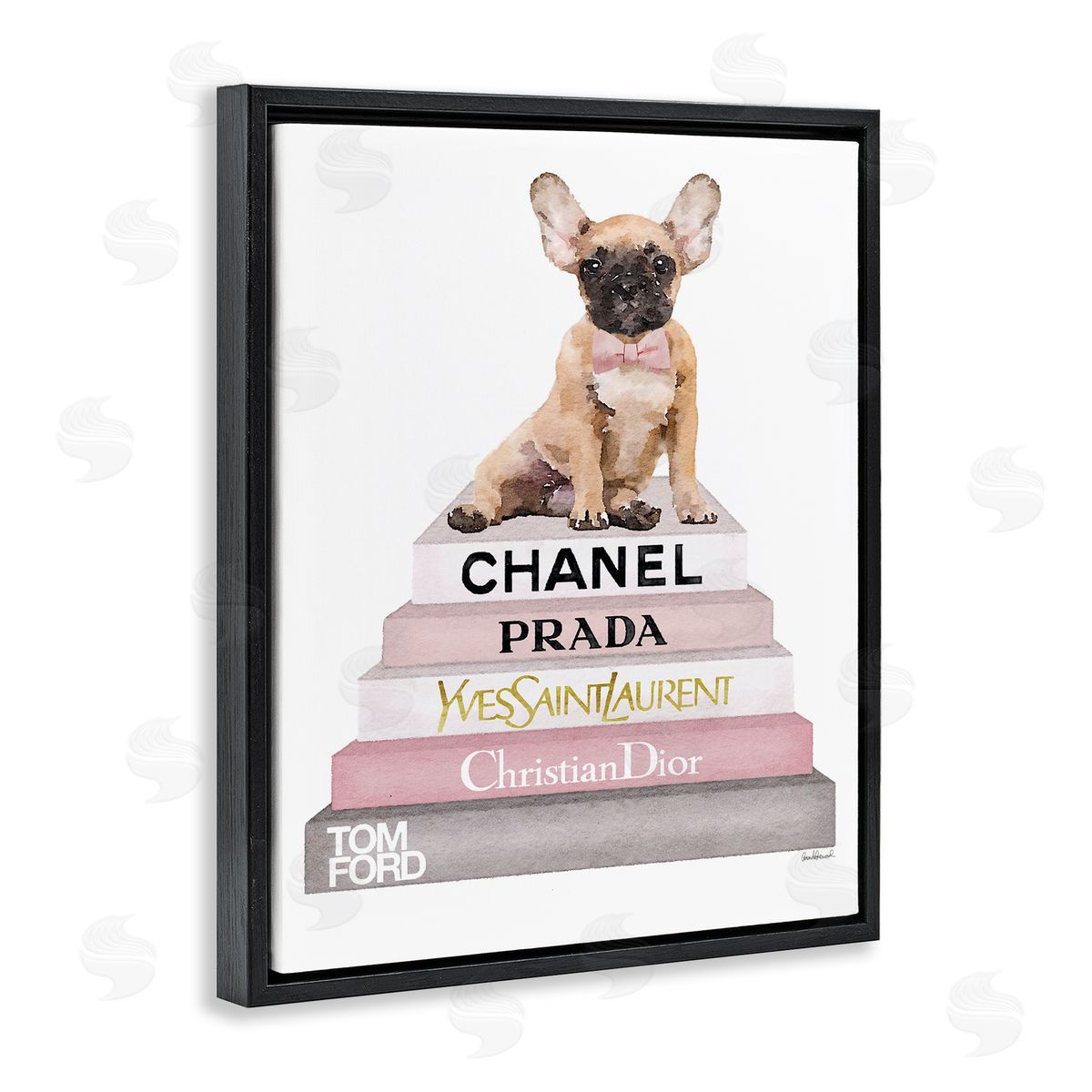 Watercolor Bookstack French Bulldog Black Floating Frame Canvas Wall Art, Home Decor by Amanda Greenwood