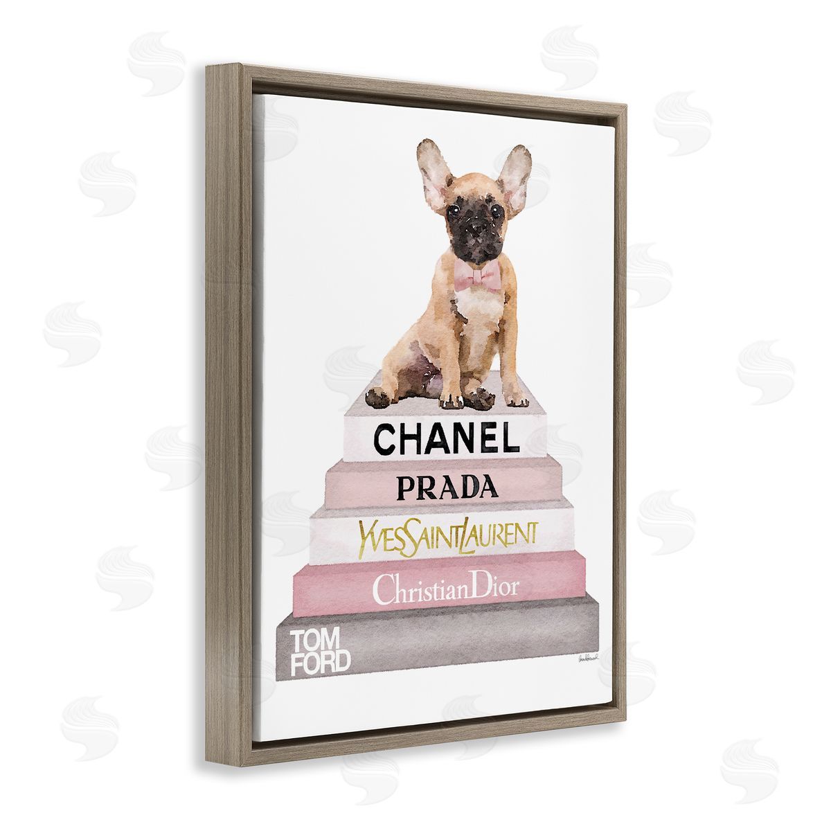 Watercolor Bookstack French Bulldog Brown Floating Frame Canvas Wall Art, Home Decor by Amanda Greenwood