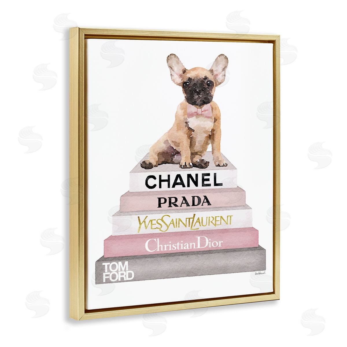 Watercolor Bookstack French Bulldog Gold Floating Frame Canvas Wall Art, Home Decor by Amanda Greenwood