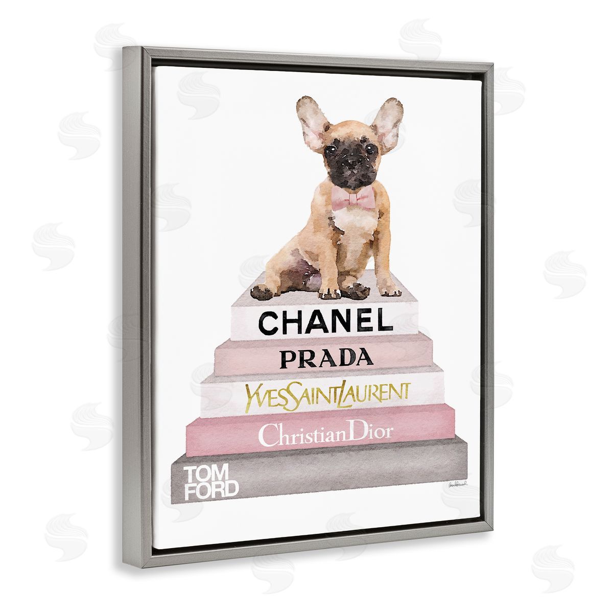 Watercolor Bookstack French Bulldog Grey Floating Frame Canvas Wall Art, Home Decor by Amanda Greenwood