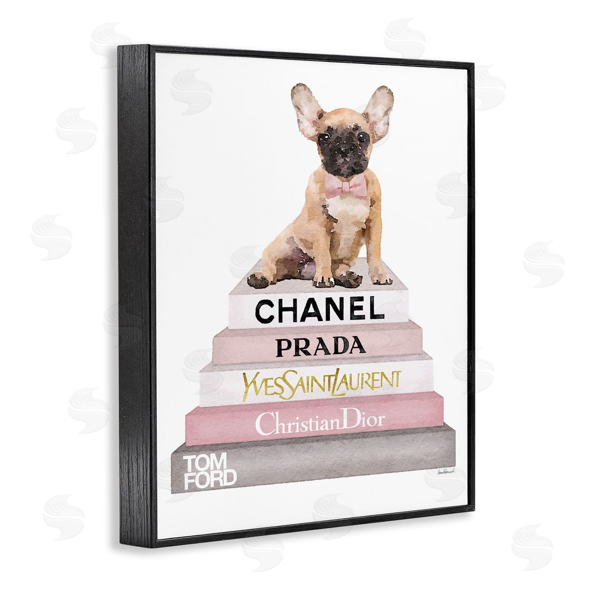 Watercolor Bookstack French Bulldog Black Frame Print Wall Art, Home Decor by Amanda Greenwood