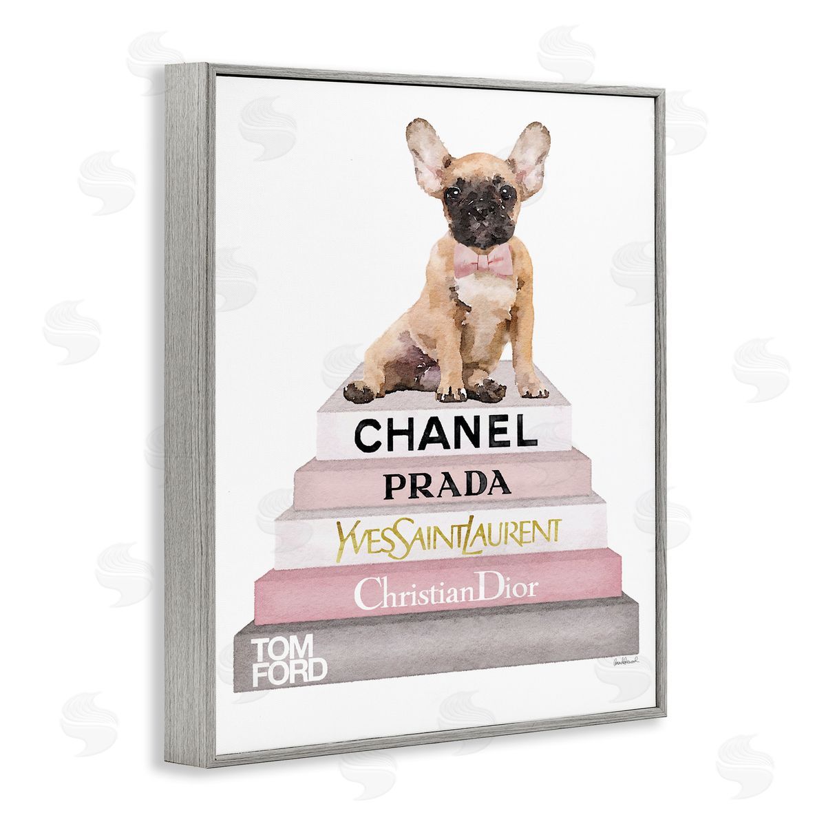 Watercolor Bookstack French Bulldog Grey Frame Print Wall Art, Home Decor by Amanda Greenwood