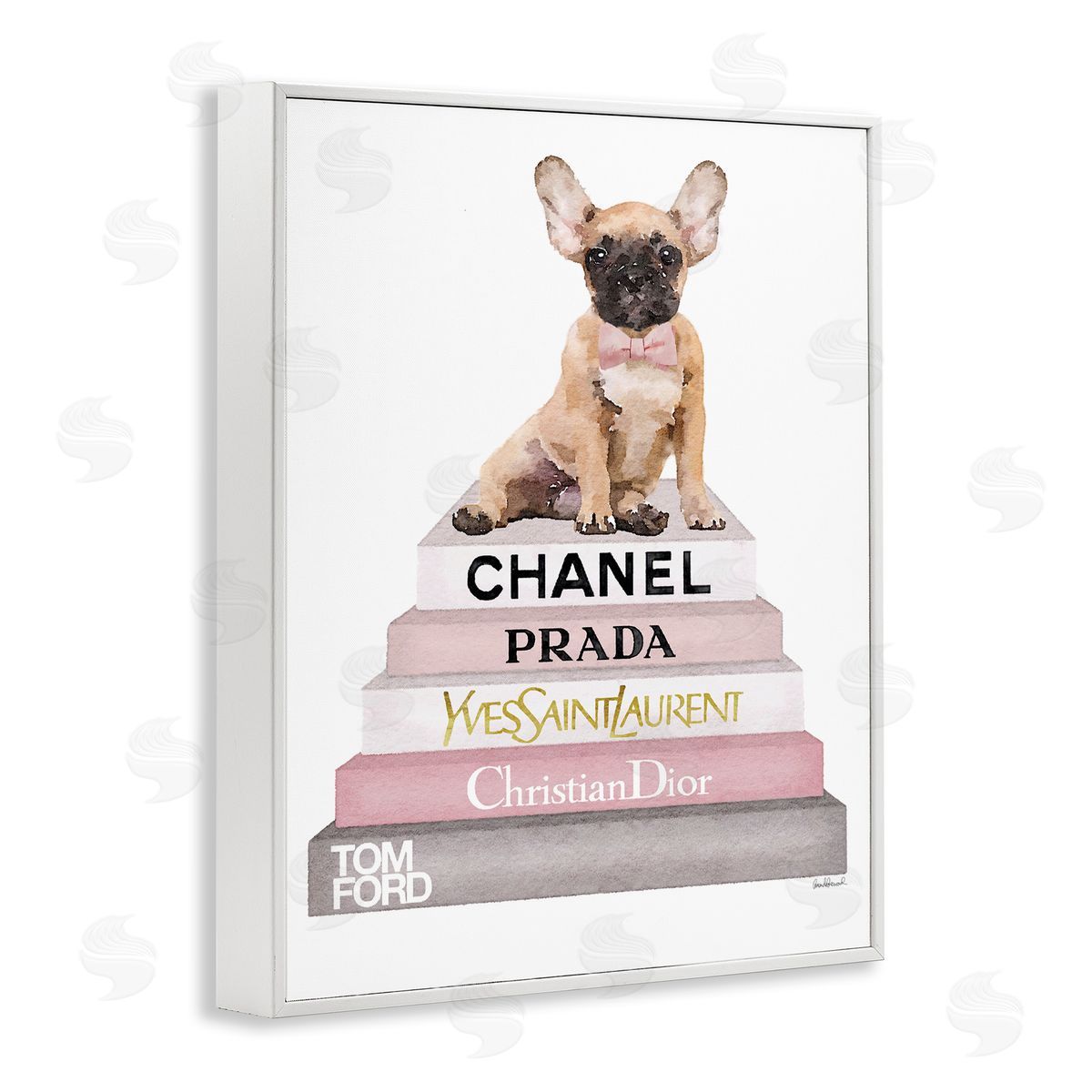 Watercolor Bookstack French Bulldog White Frame Print Wall Art, Home Decor by Amanda Greenwood