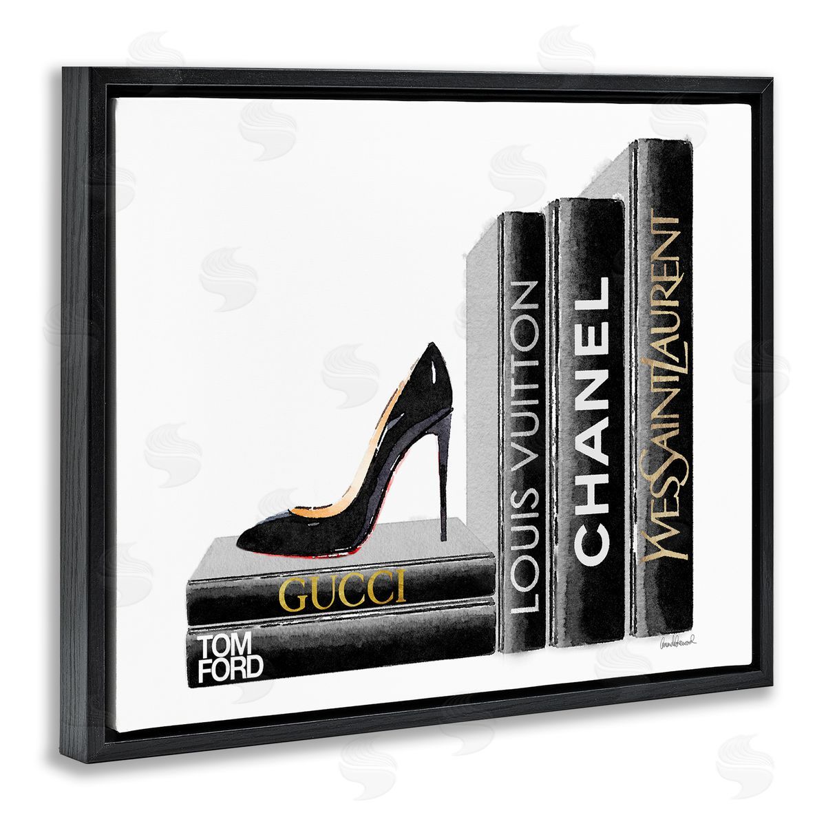 Black Book Shelf with Stilettos Black Floating Frame Canvas Wall Art, Home Decor by Amanda Greenwood