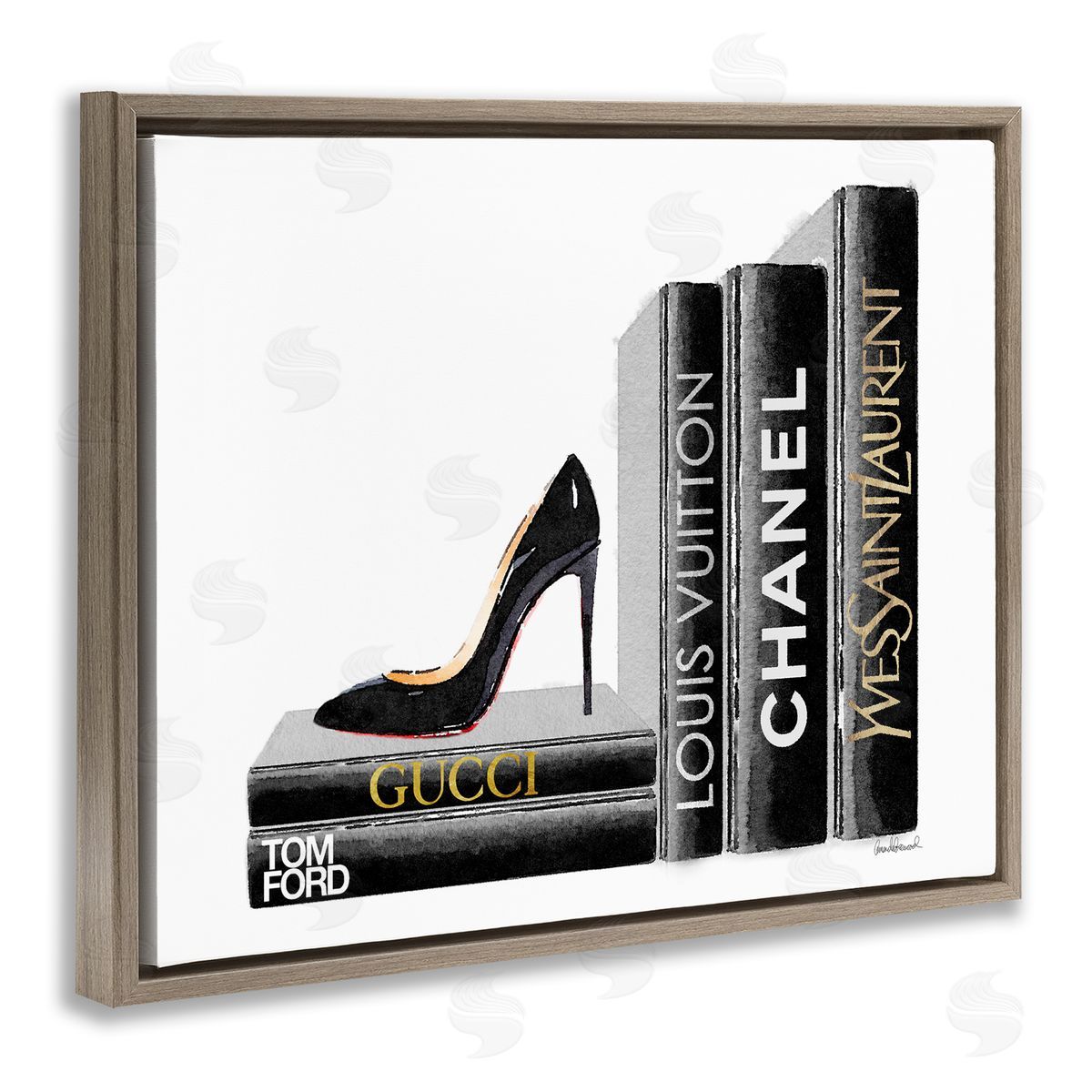 Black Book Shelf with Stilettos Brown Floating Frame Canvas Wall Art, Home Decor by Amanda Greenwood