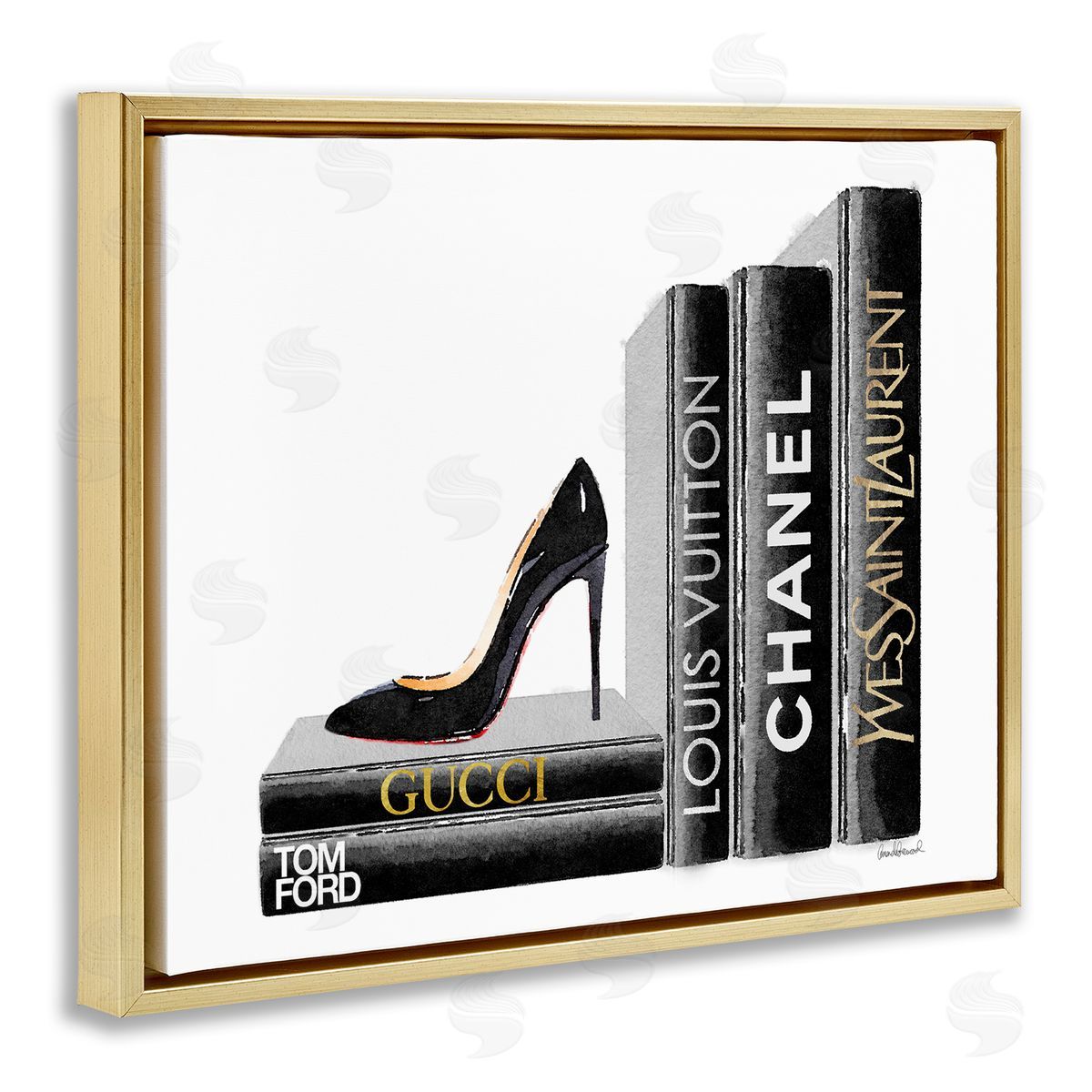 Black Book Shelf with Stilettos Gold Floating Frame Canvas Wall Art, Home Decor by Amanda Greenwood