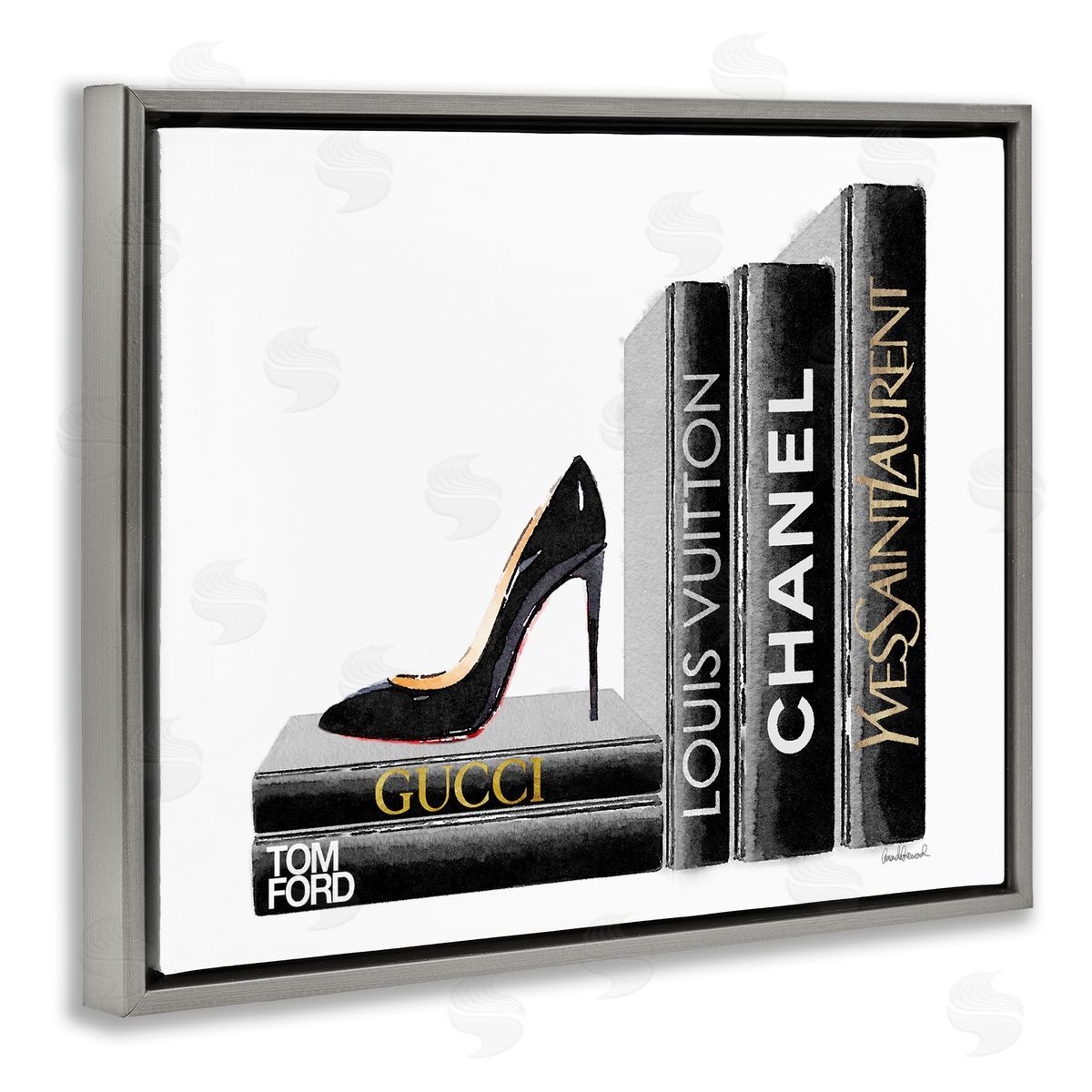 Black Book Shelf with Stilettos Grey Floating Frame Canvas Wall Art, Home Decor by Amanda Greenwood