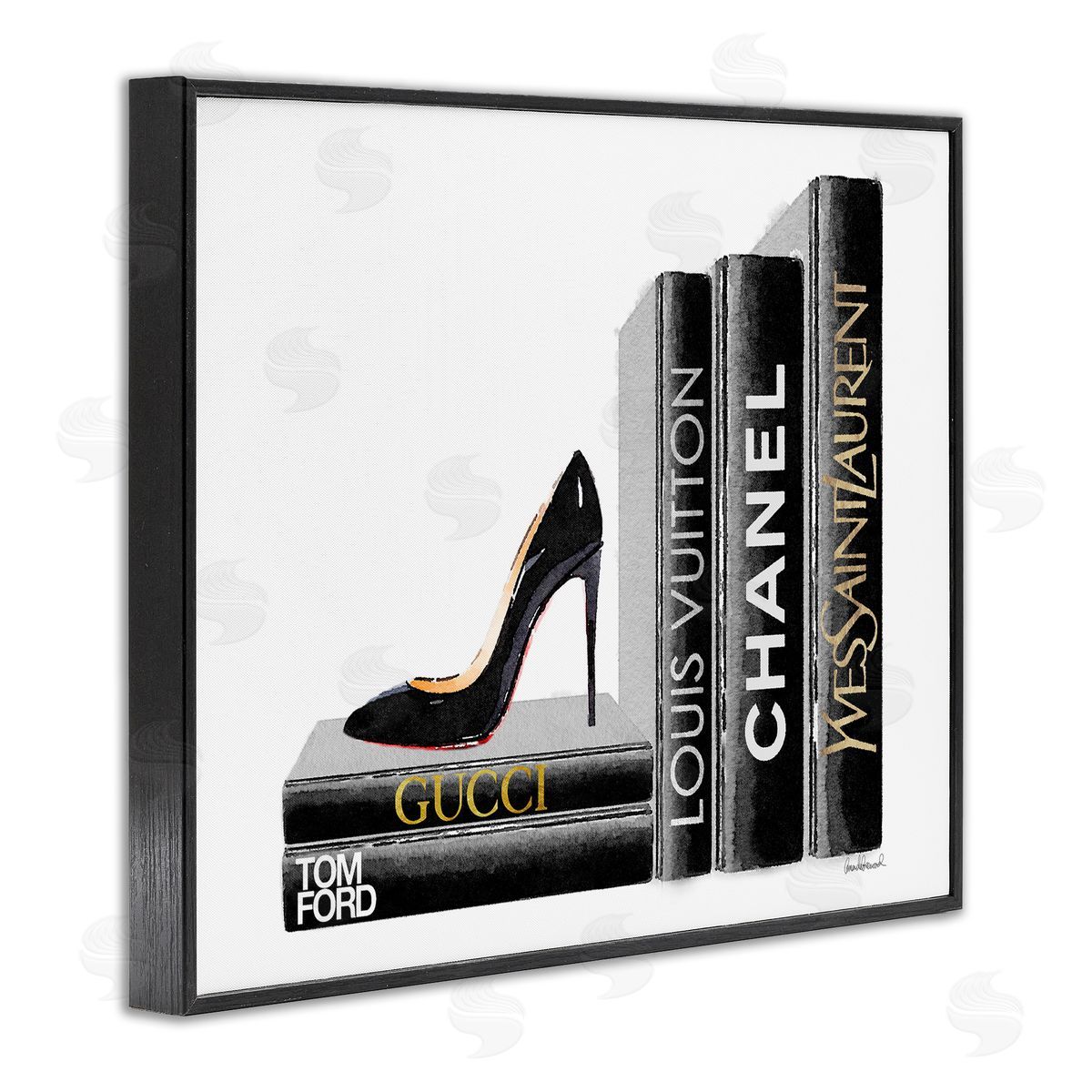 Black Book Shelf with Stilettos Black Frame Print Wall Art, Home Decor by Amanda Greenwood