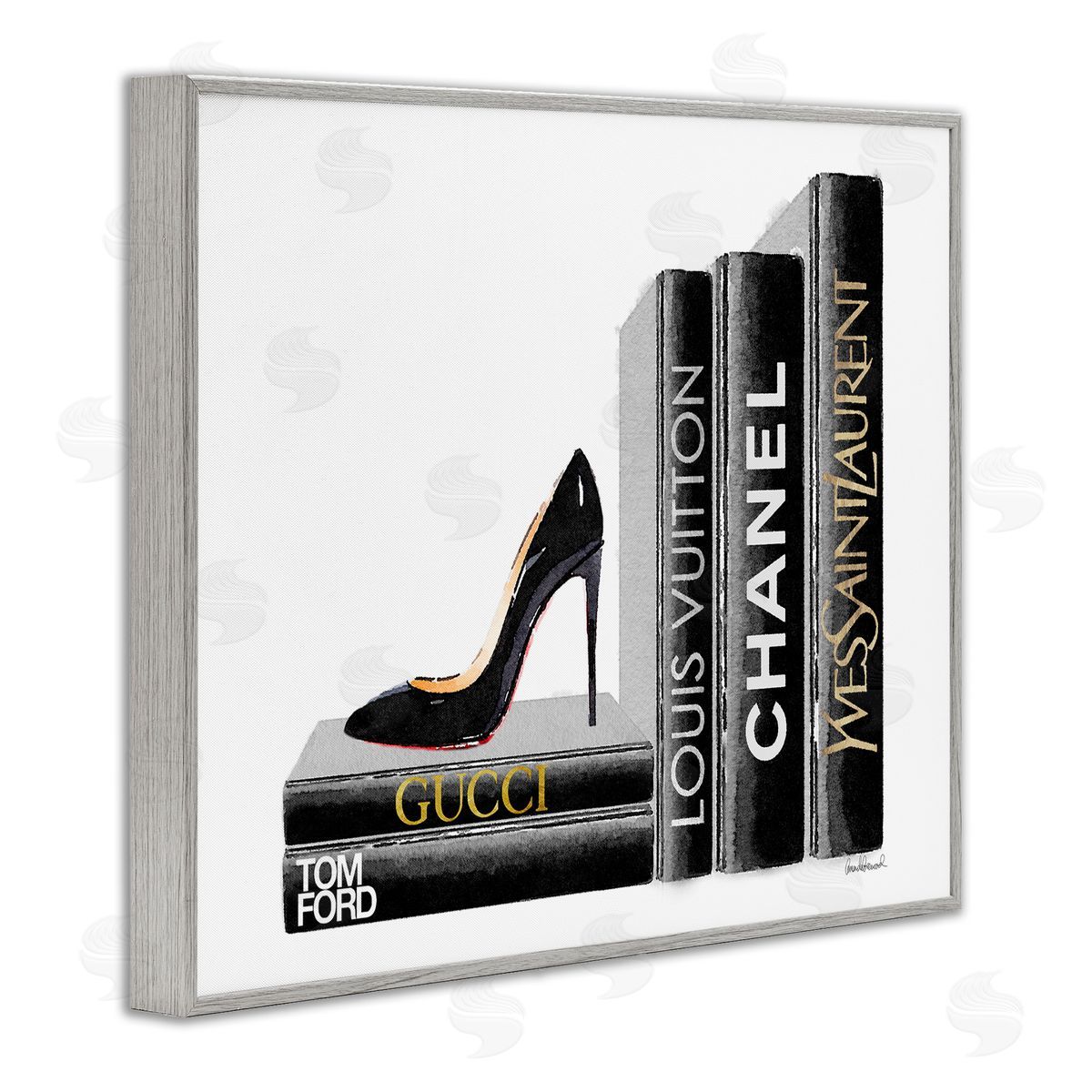 Black Book Shelf with Stilettos Grey Frame Print Wall Art, Home Decor by Amanda Greenwood