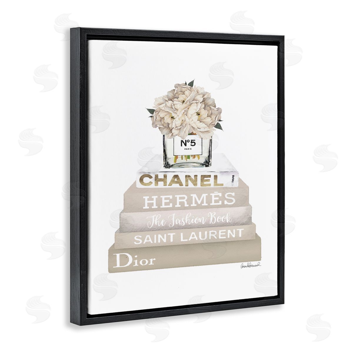 Beige High Fashion Bookstack Black Floating Frame Canvas Wall Art, Home Decor by Amanda Greenwood
