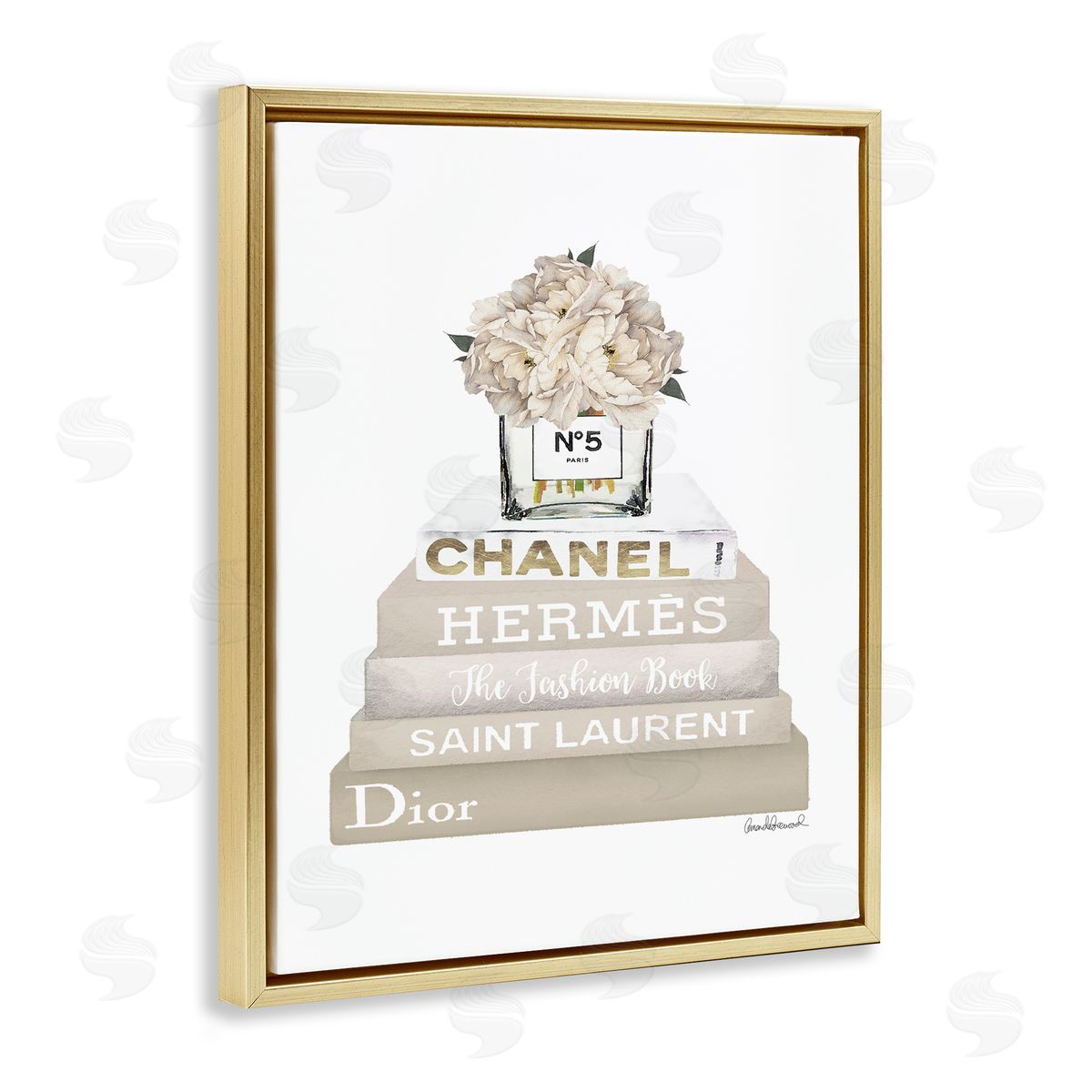 Beige High Fashion Bookstack Gold Floating Frame Canvas Wall Art, Home Decor by Amanda Greenwood