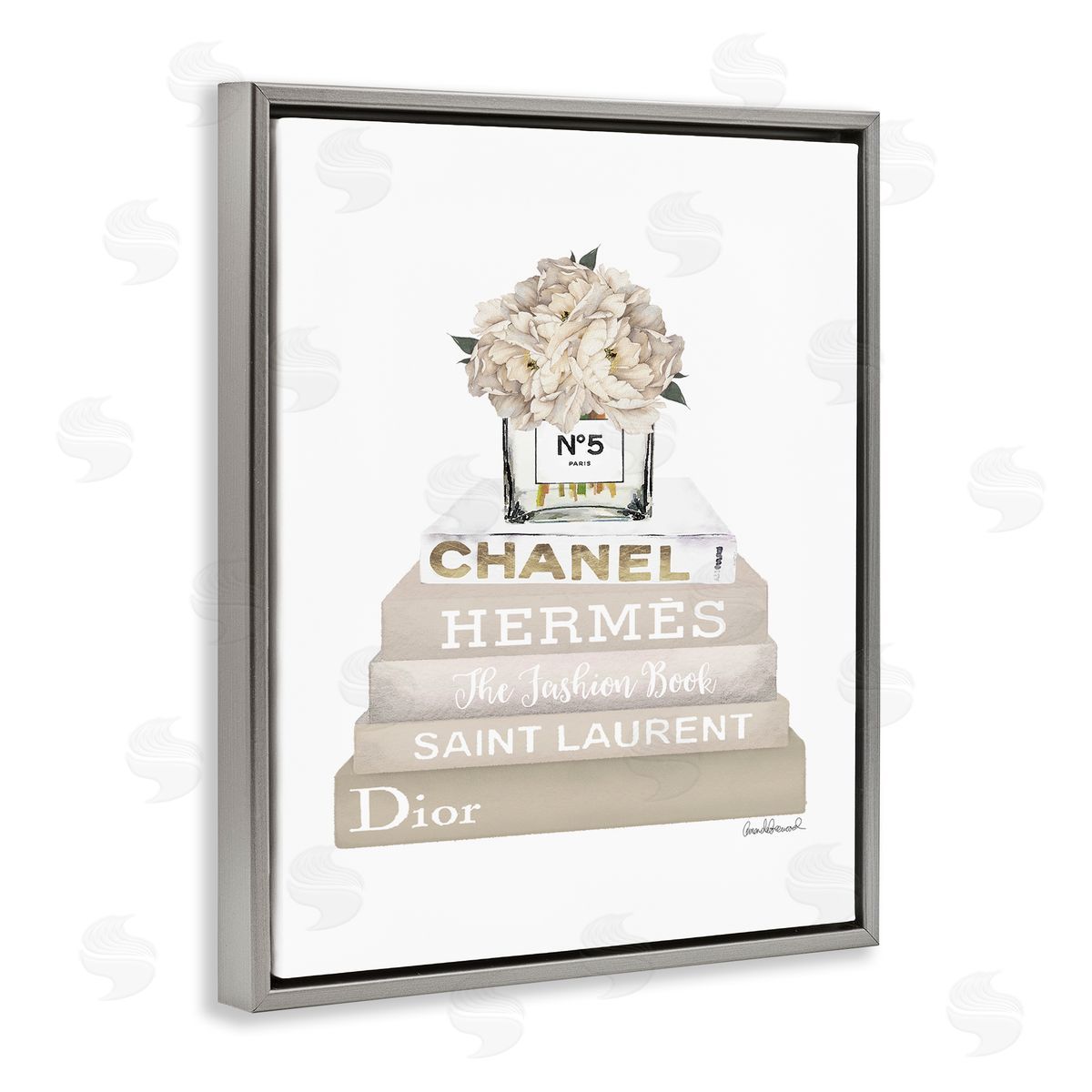 Beige High Fashion Bookstack Grey Floating Frame Canvas Wall Art, Home Decor by Amanda Greenwood