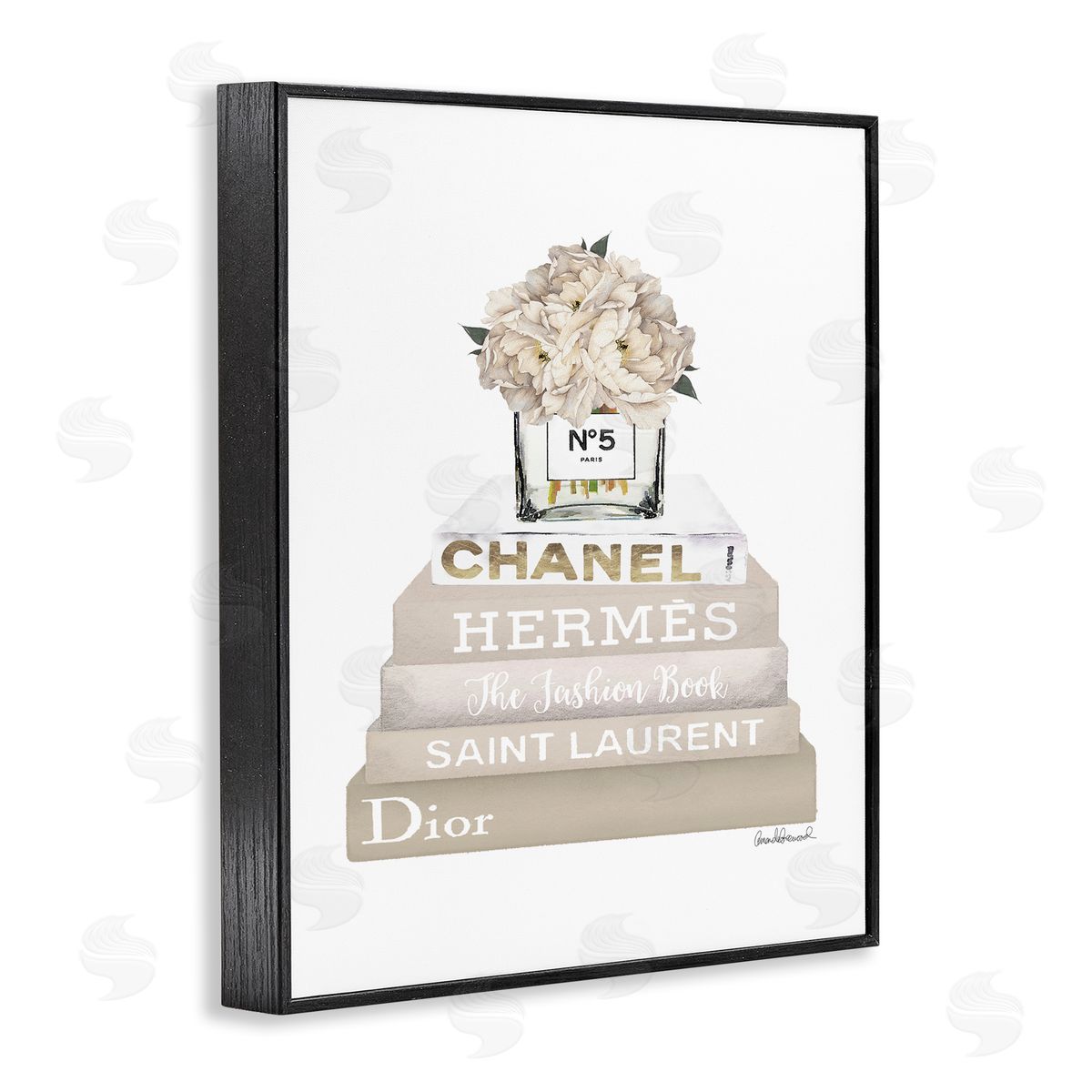 Beige High Fashion Bookstack Black Frame Print Wall Art, Home Decor by Amanda Greenwood