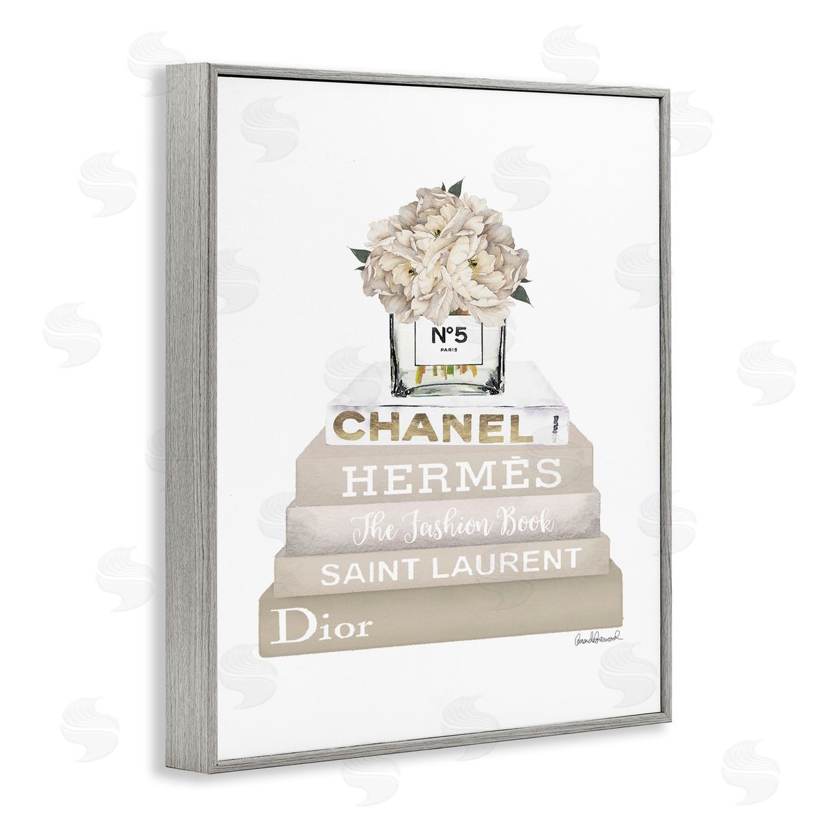 Beige High Fashion Bookstack Grey Frame Print Wall Art, Home Decor by Amanda Greenwood