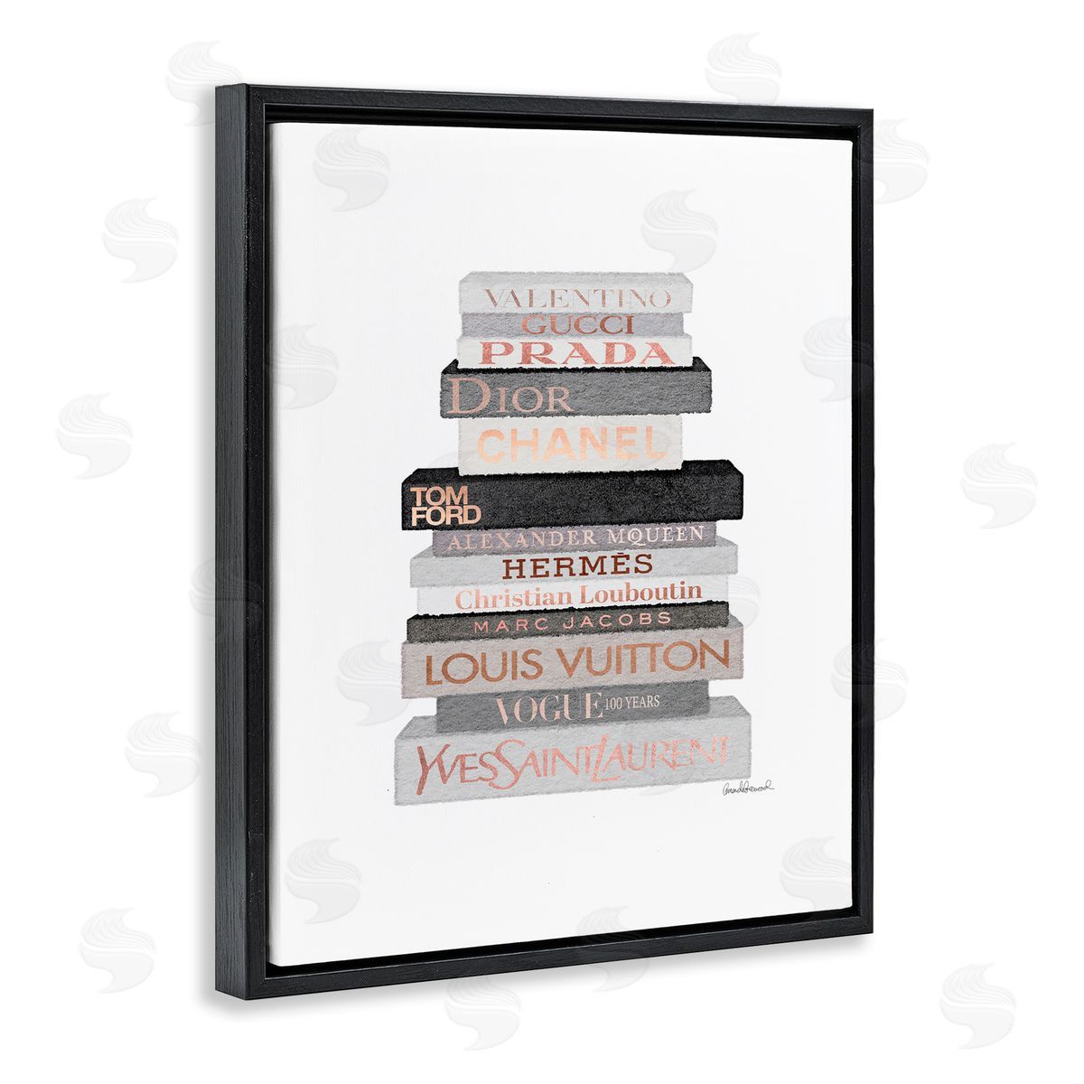Grey & Peach Bookstack Black Floating Frame Canvas Wall Art, Home Decor by Amanda Greenwood