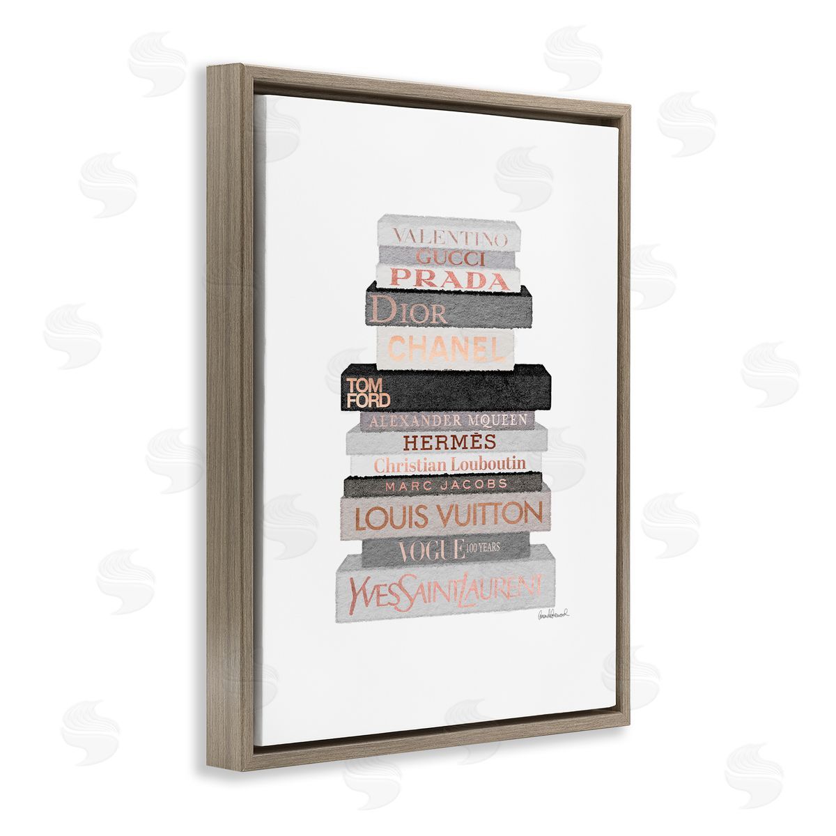 Grey & Peach Bookstack Brown Floating Frame Canvas Wall Art, Home Decor by Amanda Greenwood