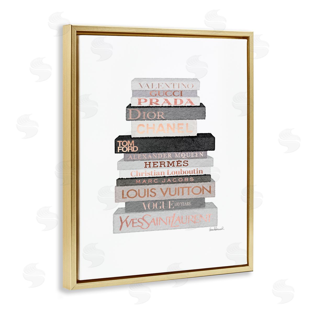 Grey & Peach Bookstack Gold Floating Frame Canvas Wall Art, Home Decor by Amanda Greenwood