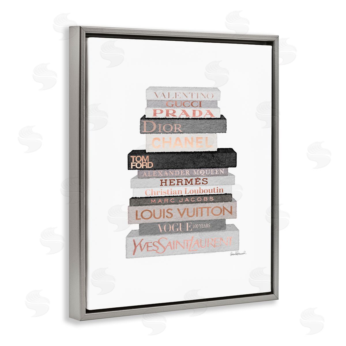 Grey & Peach Bookstack Grey Floating Frame Canvas Wall Art, Home Decor by Amanda Greenwood