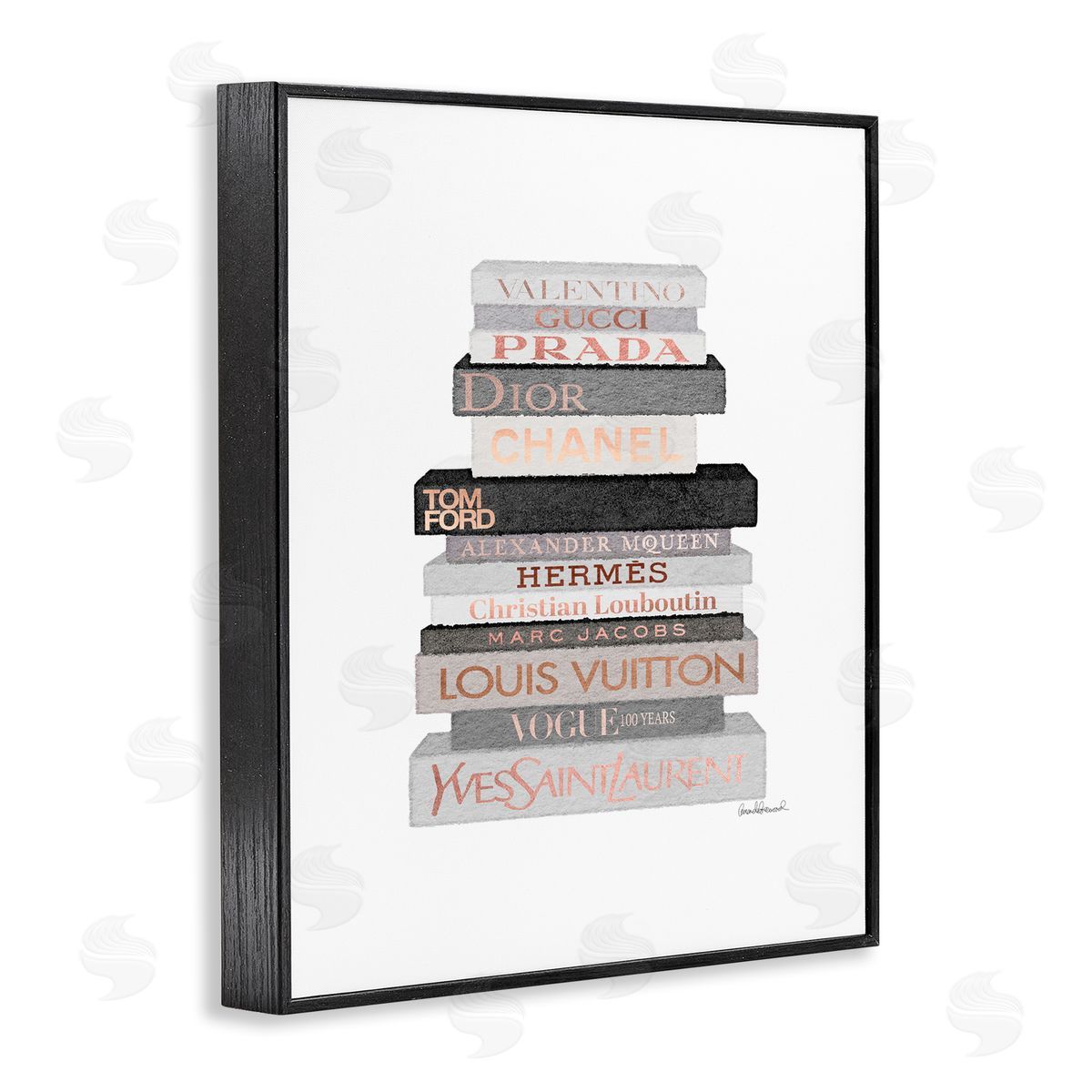 Grey & Peach Bookstack Black Frame Print Wall Art, Home Decor by Amanda Greenwood