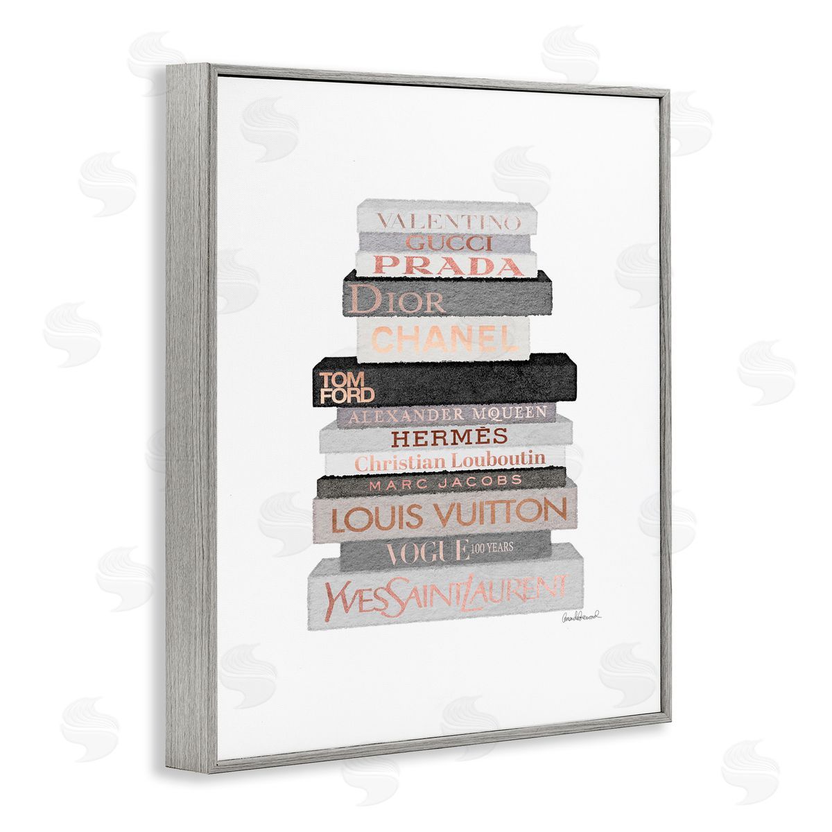 Grey & Peach Bookstack Grey Frame Print Wall Art, Home Decor by Amanda Greenwood