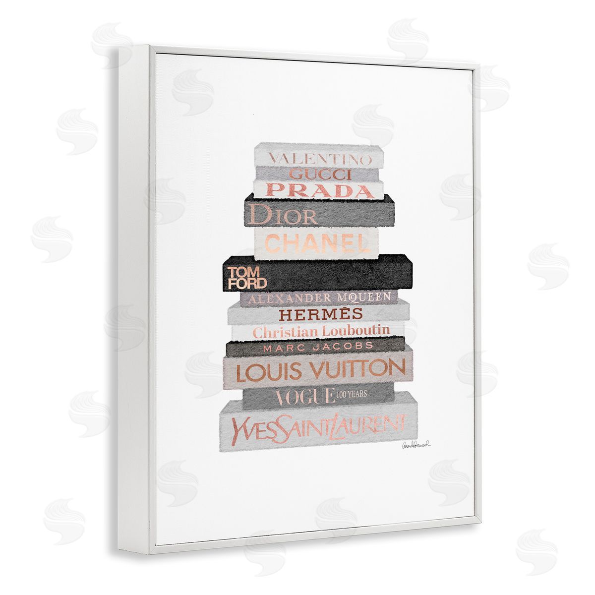 Grey & Peach Bookstack White Frame Print Wall Art, Home Decor by Amanda Greenwood