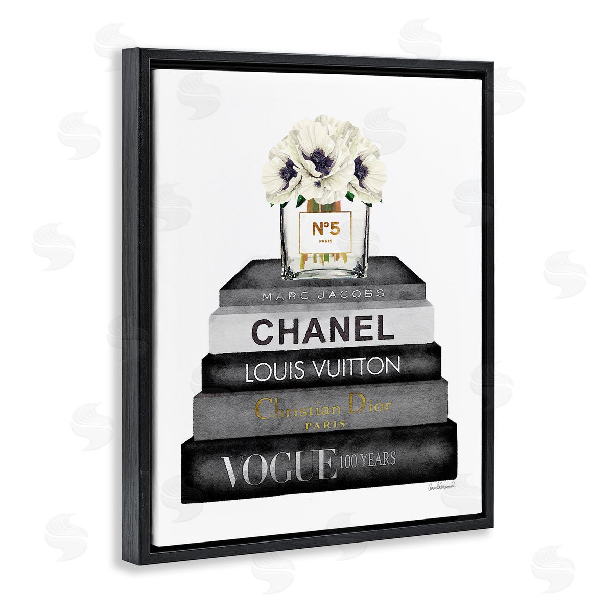 Monochrome Fashion Designer Bookstack Black Floating Frame Canvas Wall Art, Home Decor by Amanda Greenwood