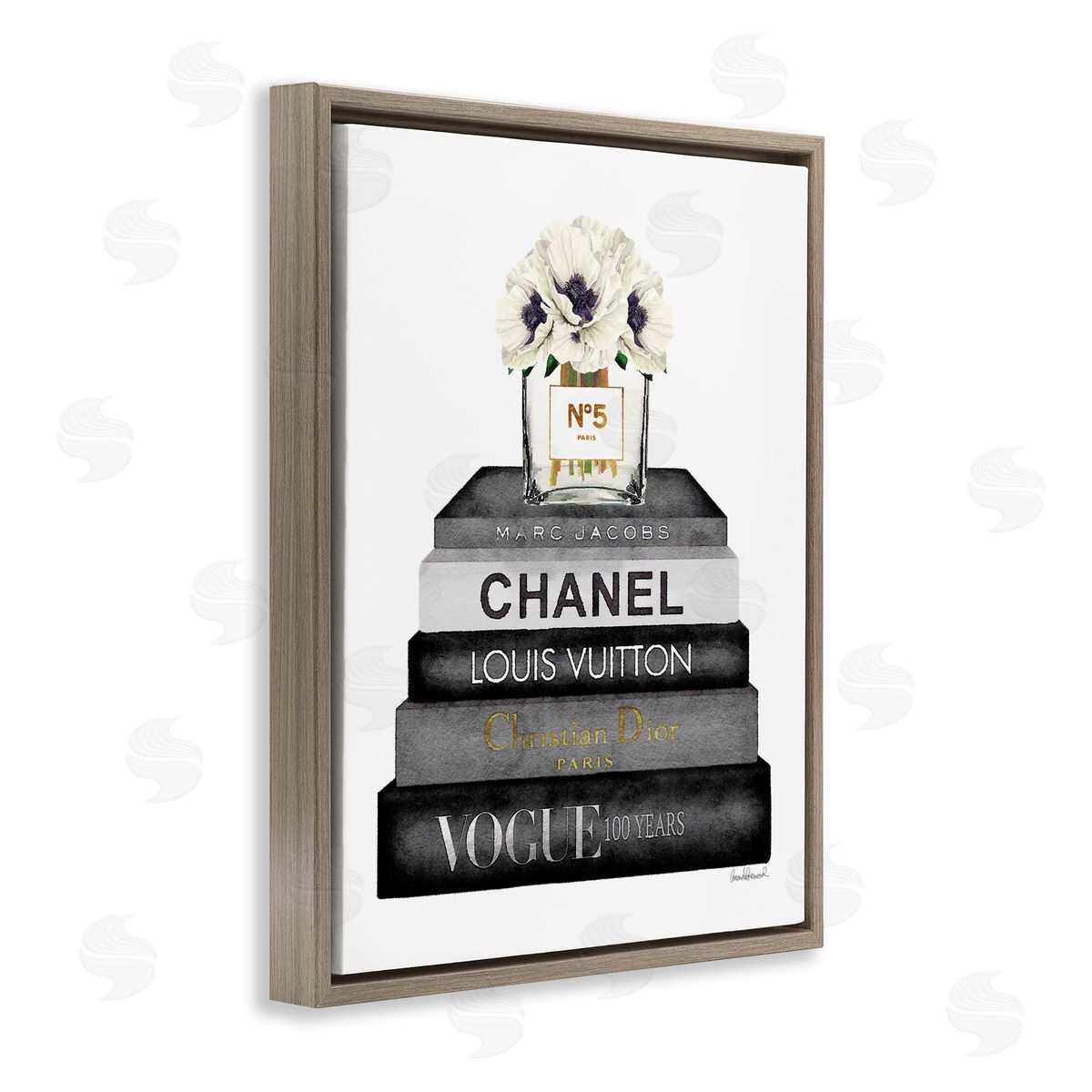 Monochrome Fashion Designer Bookstack Brown Floating Frame Canvas Wall Art, Home Decor by Amanda Greenwood