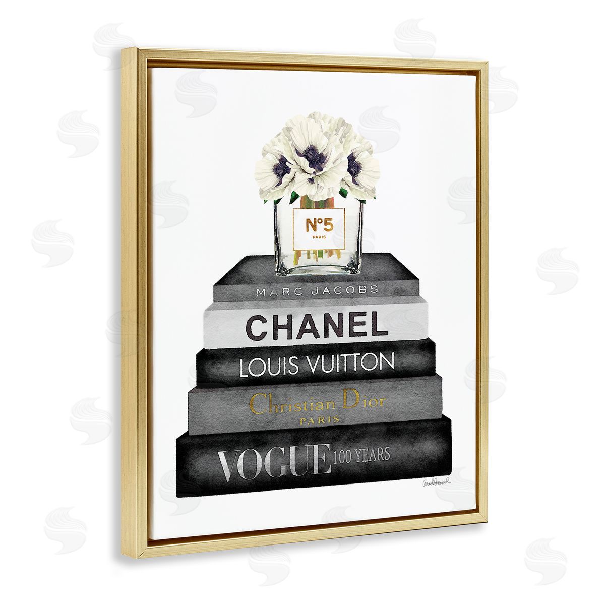Monochrome Fashion Designer Bookstack Gold Floating Frame Canvas Wall Art, Home Decor by Amanda Greenwood
