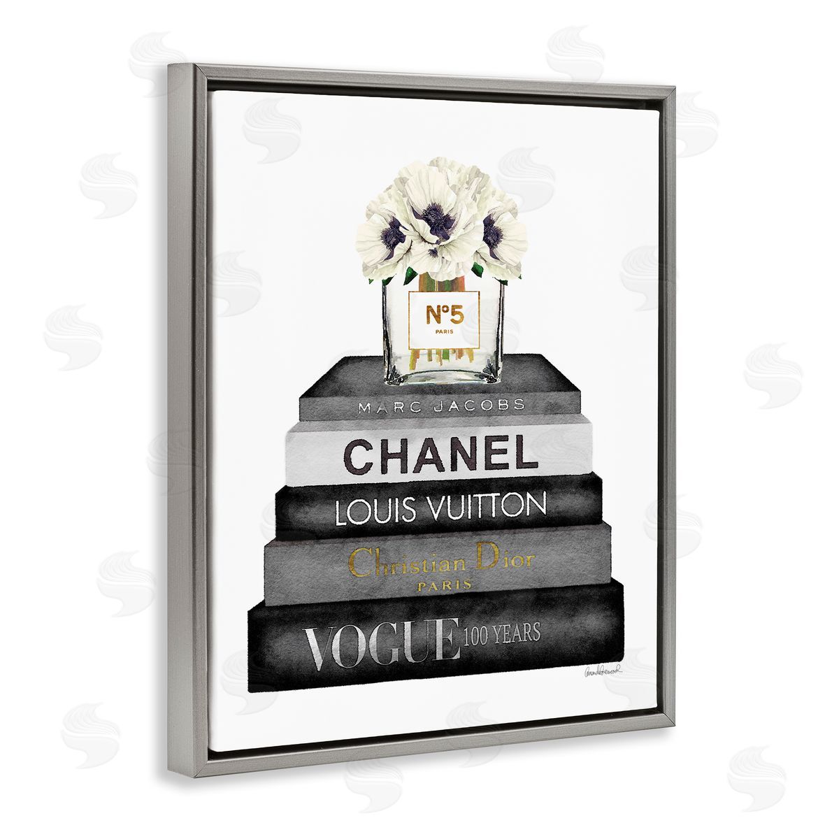 Monochrome Fashion Designer Bookstack Grey Floating Frame Canvas Wall Art, Home Decor by Amanda Greenwood