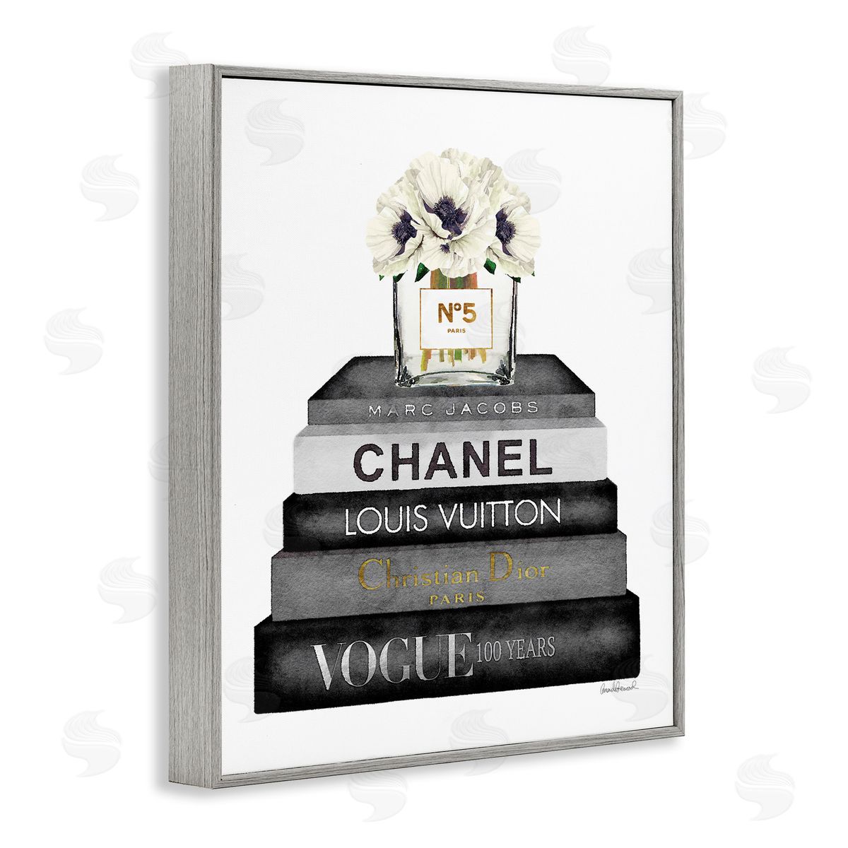 Monochrome Fashion Designer Bookstack Grey Frame Print Wall Art, Home Decor by Amanda Greenwood