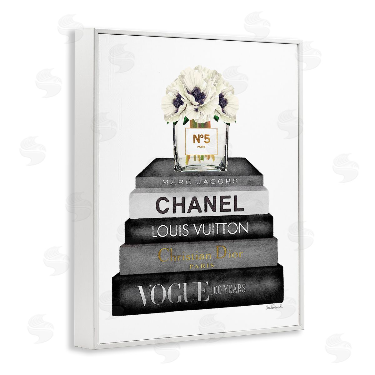 Monochrome Fashion Designer Bookstack White Frame Print Wall Art, Home Decor by Amanda Greenwood