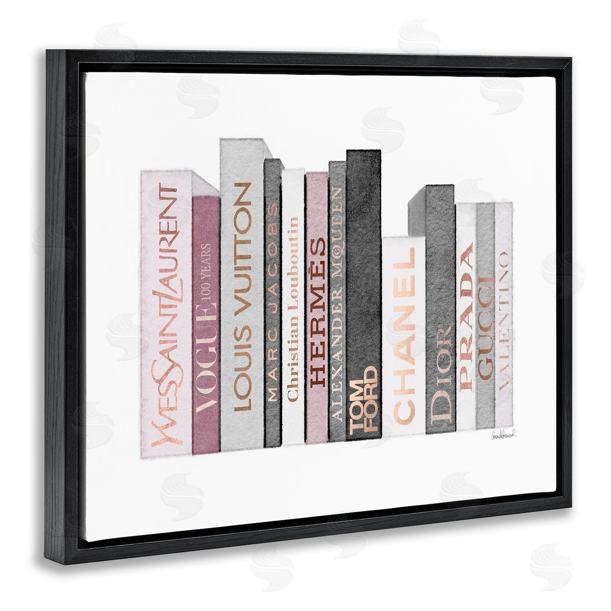 Pink & Grey Fashion Bookstack Black Floating Frame Canvas Wall Art, Home Decor by Amanda Greenwood
