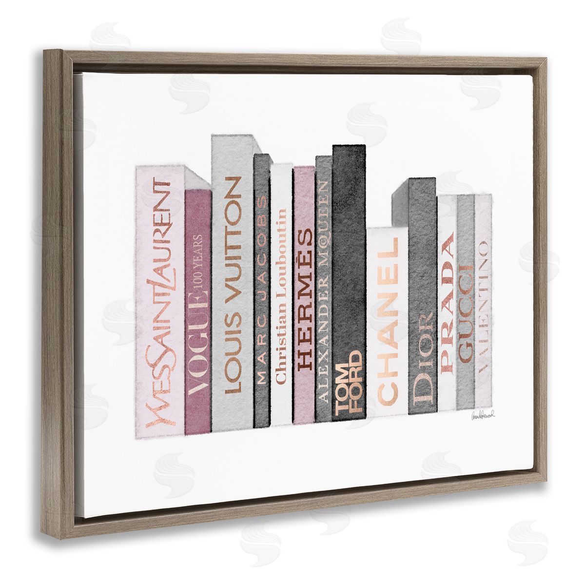 Pink & Grey Fashion Bookstack Brown Floating Frame Canvas Wall Art, Home Decor by Amanda Greenwood