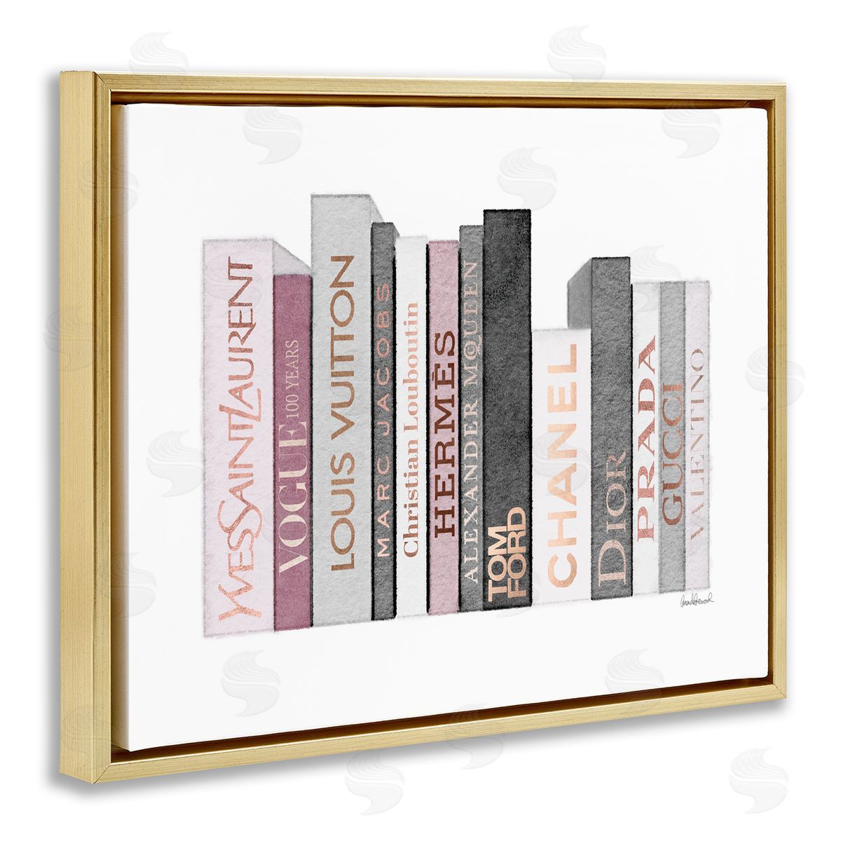 Pink & Grey Fashion Bookstack Gold Floating Frame Canvas Wall Art, Home Decor by Amanda Greenwood