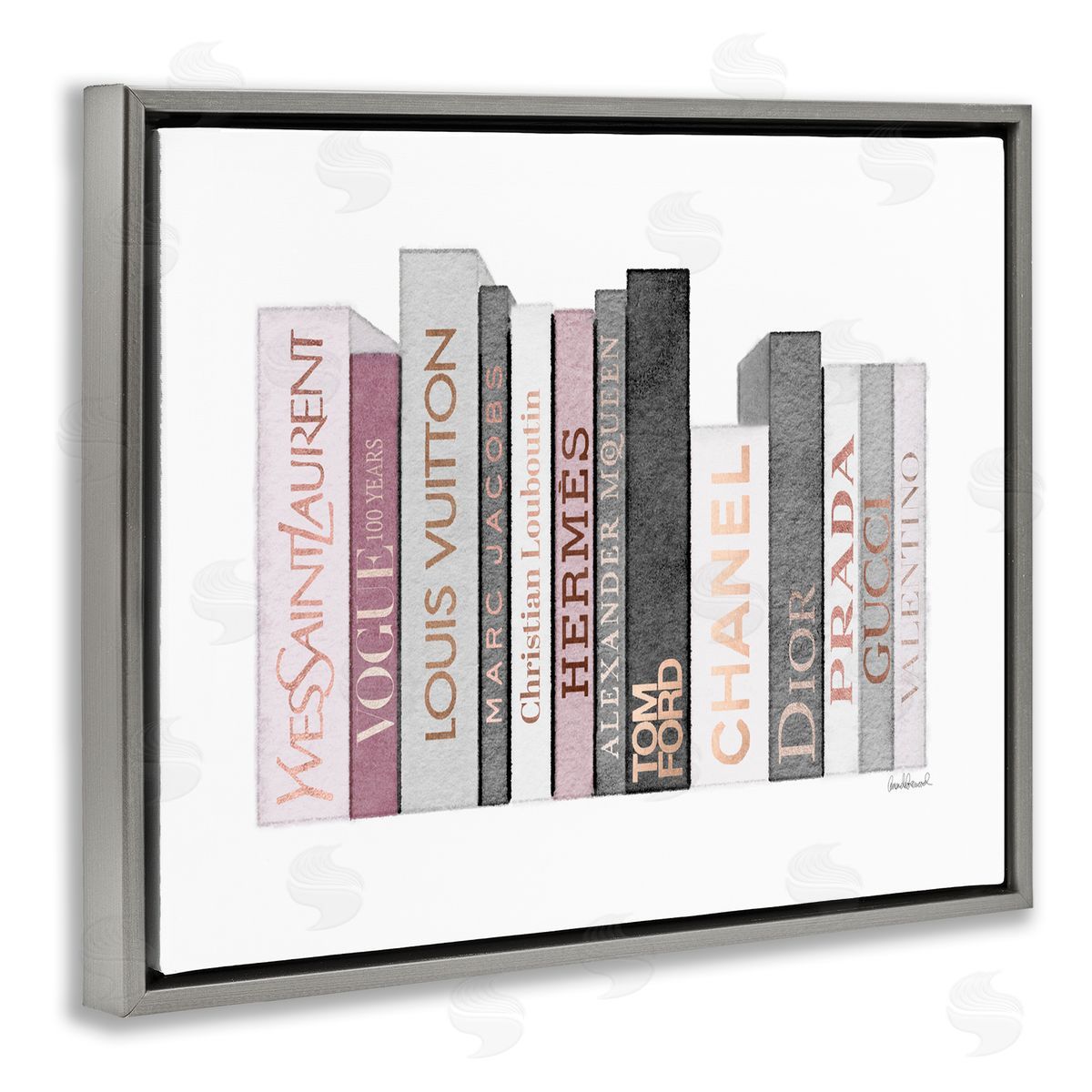 Pink & Grey Fashion Bookstack Grey Floating Frame Canvas Wall Art, Home Decor by Amanda Greenwood
