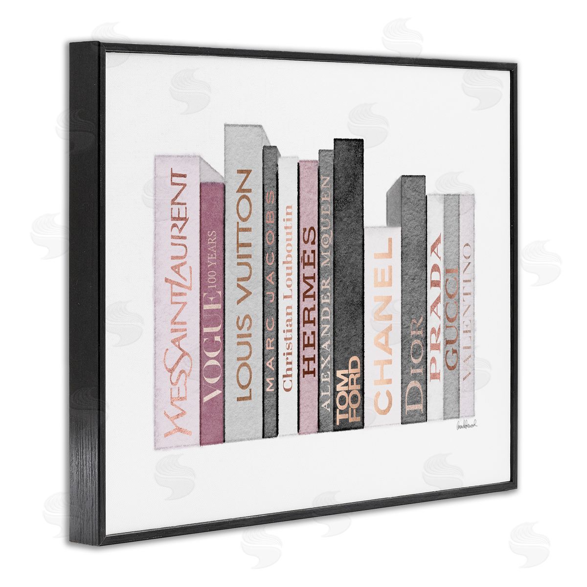 Pink & Grey Fashion Bookstack Black Frame Print Wall Art, Home Decor by Amanda Greenwood