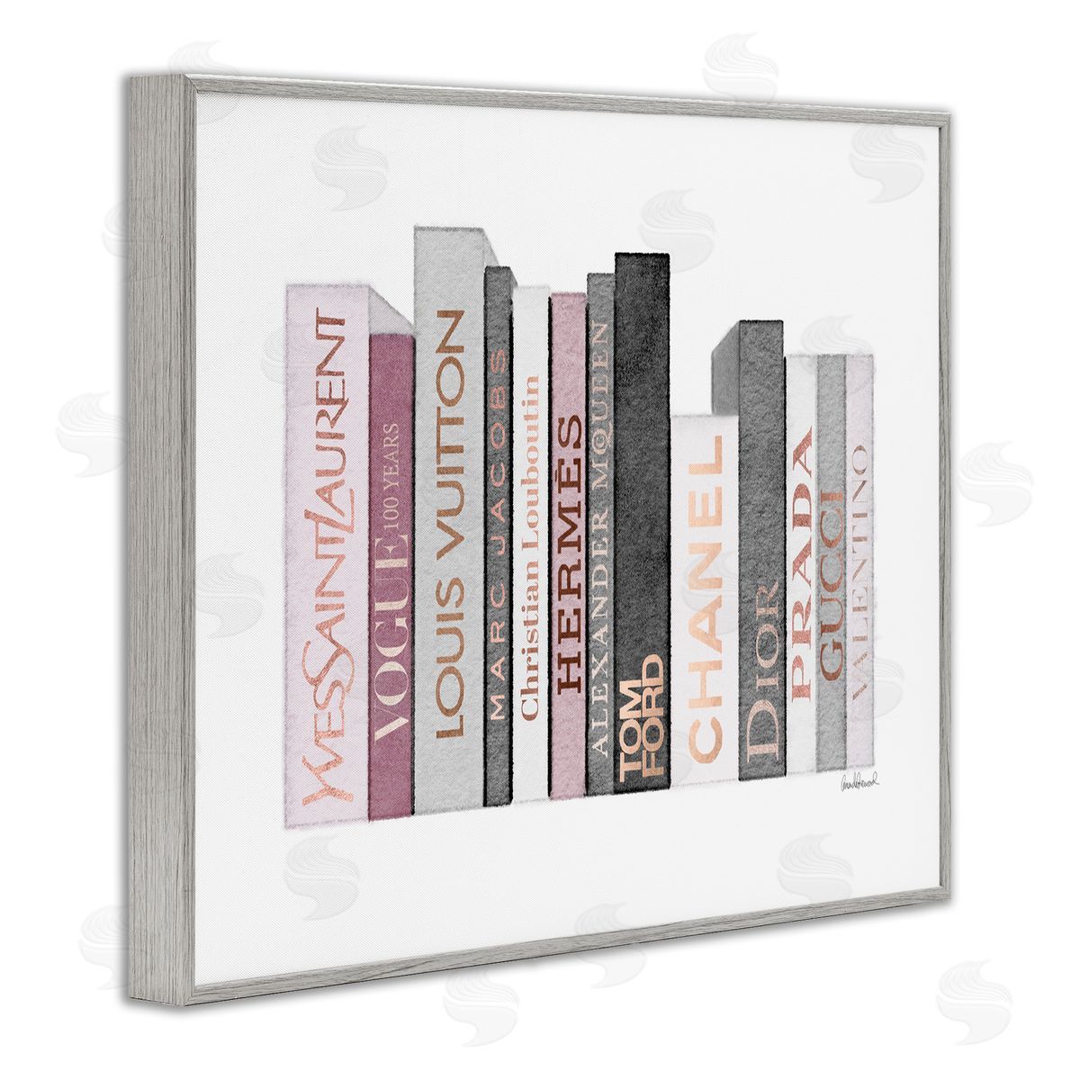 Pink & Grey Fashion Bookstack Grey Frame Print Wall Art, Home Decor by Amanda Greenwood