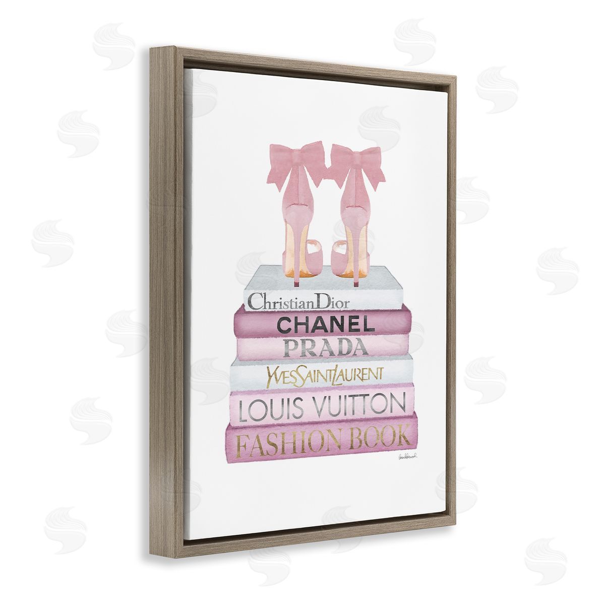 Pastel Pink Heels & Books Brown Floating Frame Canvas Wall Art, Home Decor by Amanda Greenwood