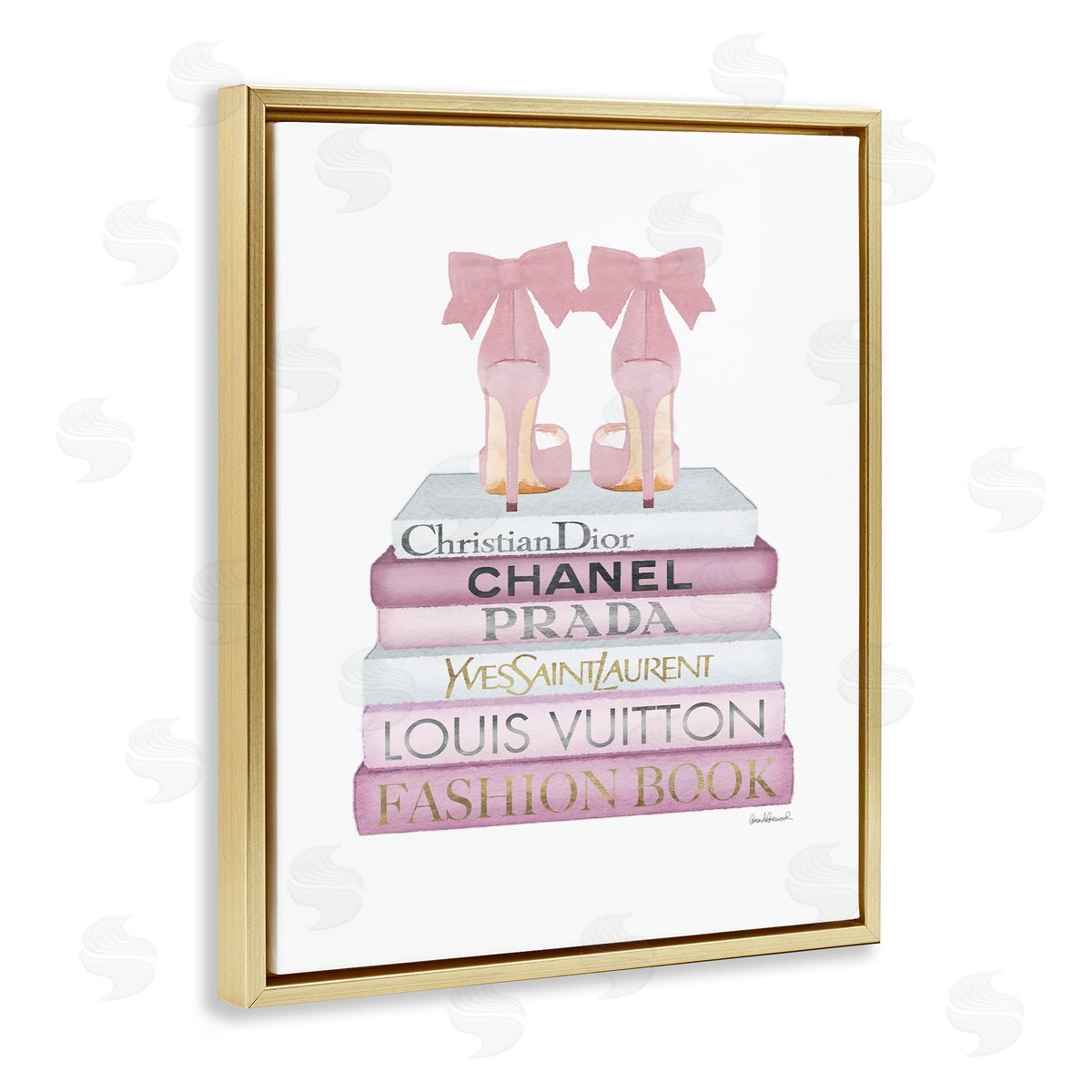 Pastel Pink Heels & Books Gold Floating Frame Canvas Wall Art, Home Decor by Amanda Greenwood