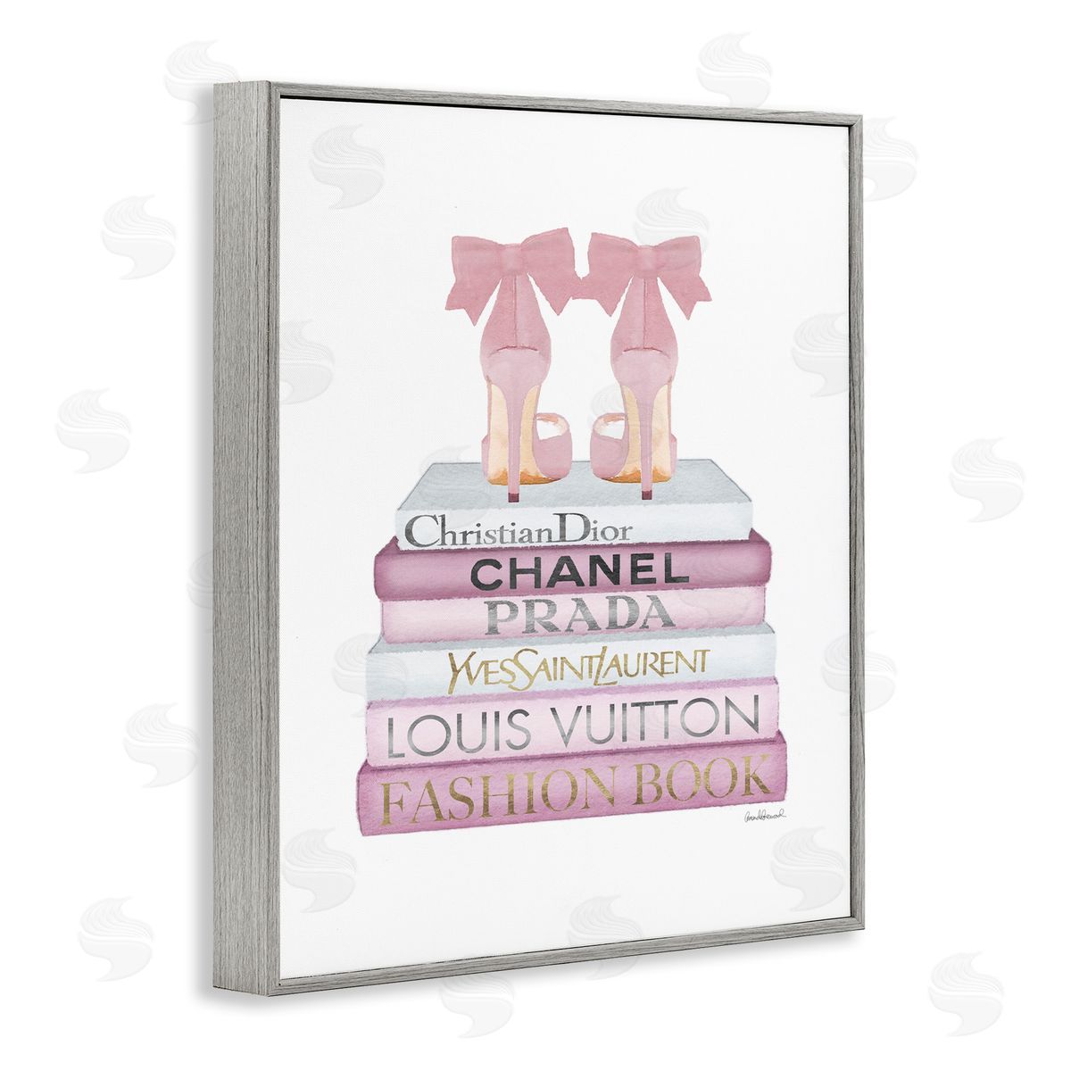 Pastel Pink Heels & Books Grey Frame Print Wall Art, Home Decor by Amanda Greenwood