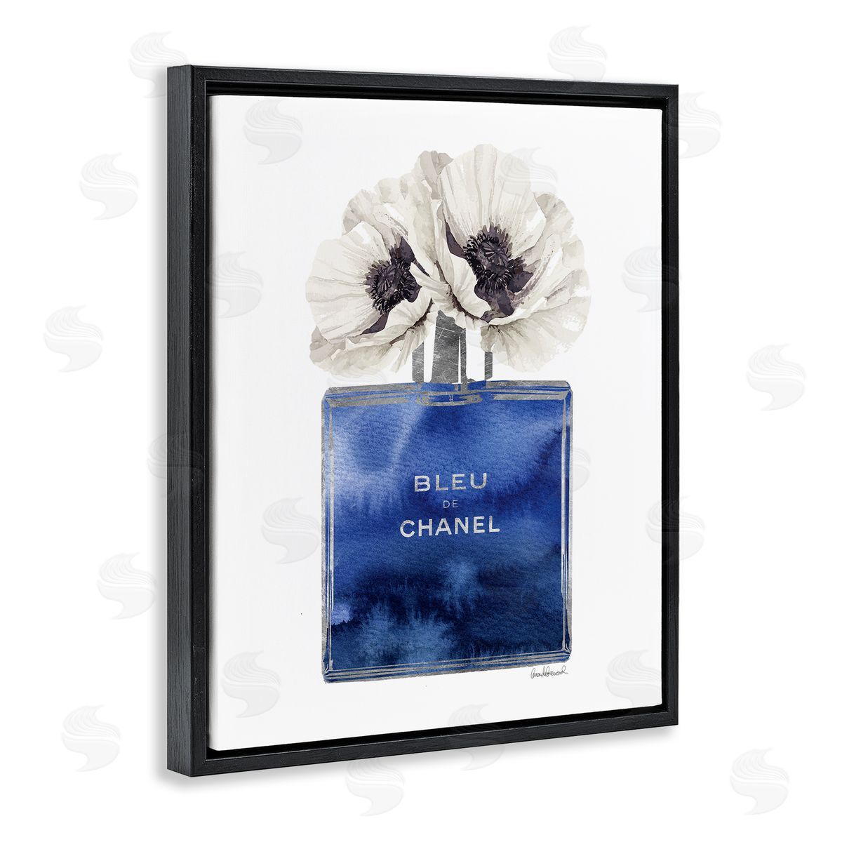 Blue Watercolor Floral Perfume Black Floating Frame Canvas Wall Art, Home Decor by Amanda Greenwood