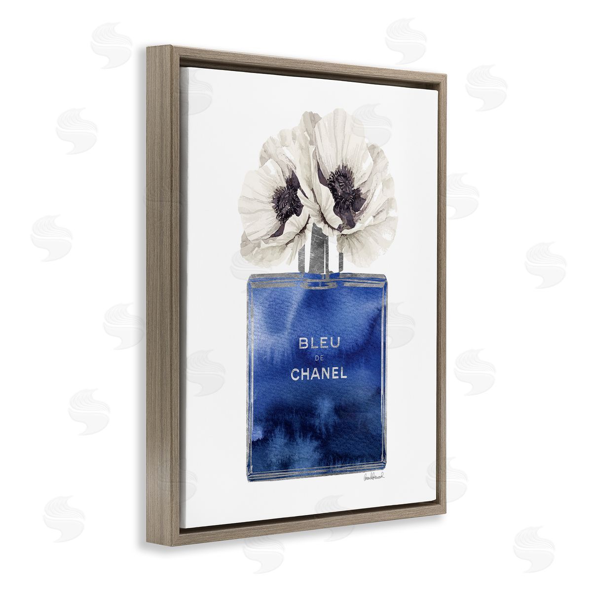 Blue Watercolor Floral Perfume Brown Floating Frame Canvas Wall Art, Home Decor by Amanda Greenwood