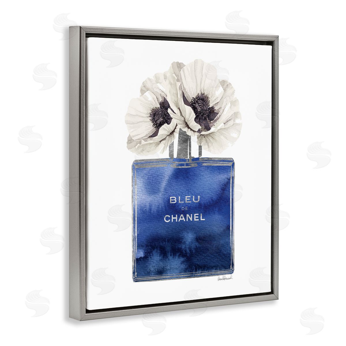 Blue Watercolor Floral Perfume Grey Floating Frame Canvas Wall Art, Home Decor by Amanda Greenwood