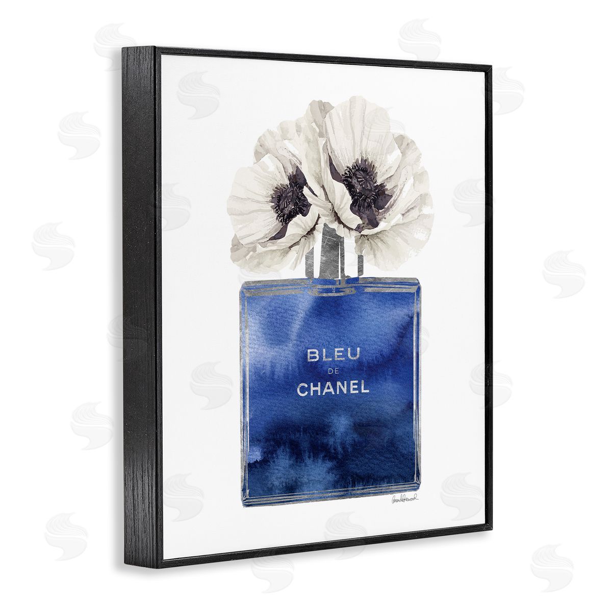 Blue Watercolor Floral Perfume Black Frame Print Wall Art, Home Decor by Amanda Greenwood