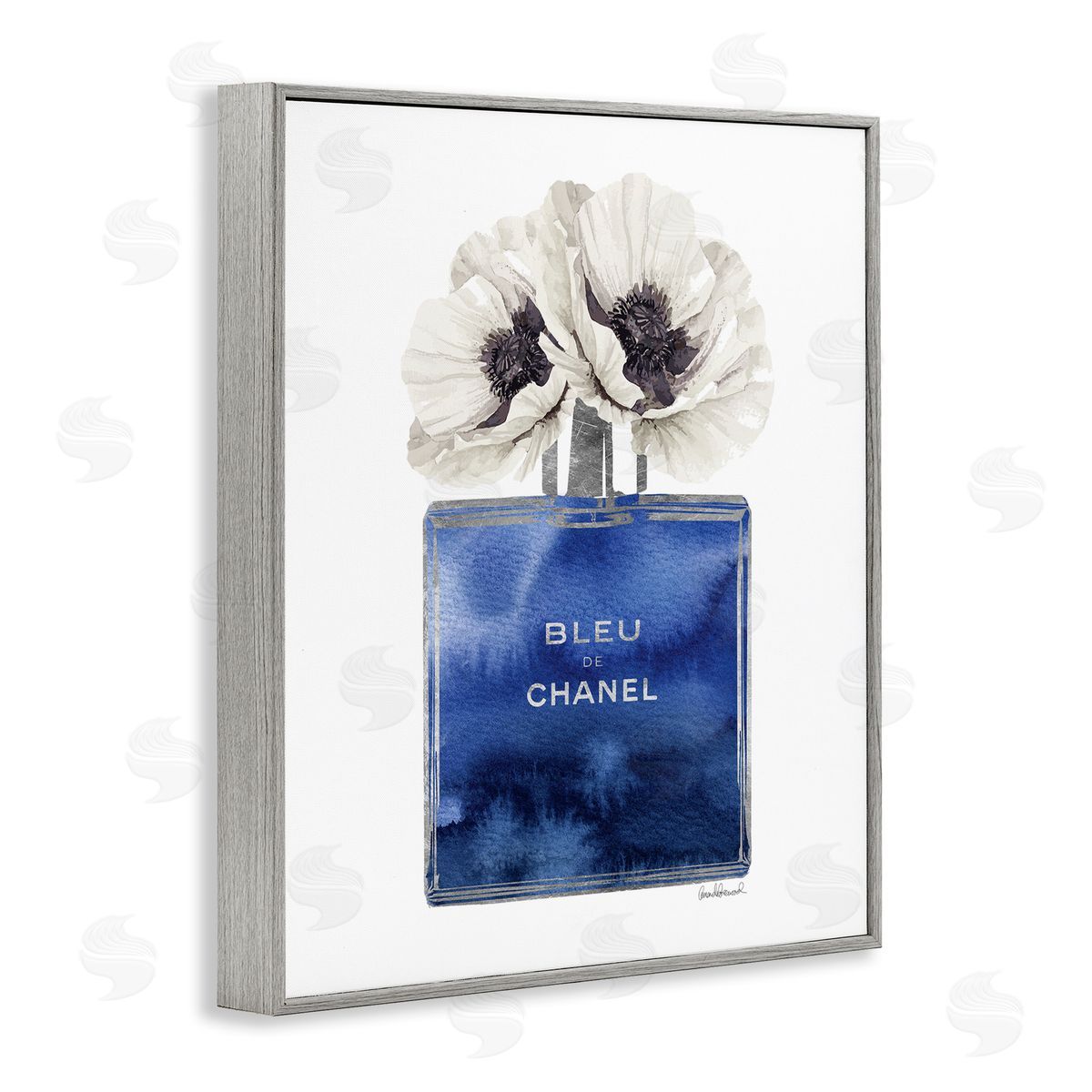 Blue Watercolor Floral Perfume Grey Frame Print Wall Art, Home Decor by Amanda Greenwood