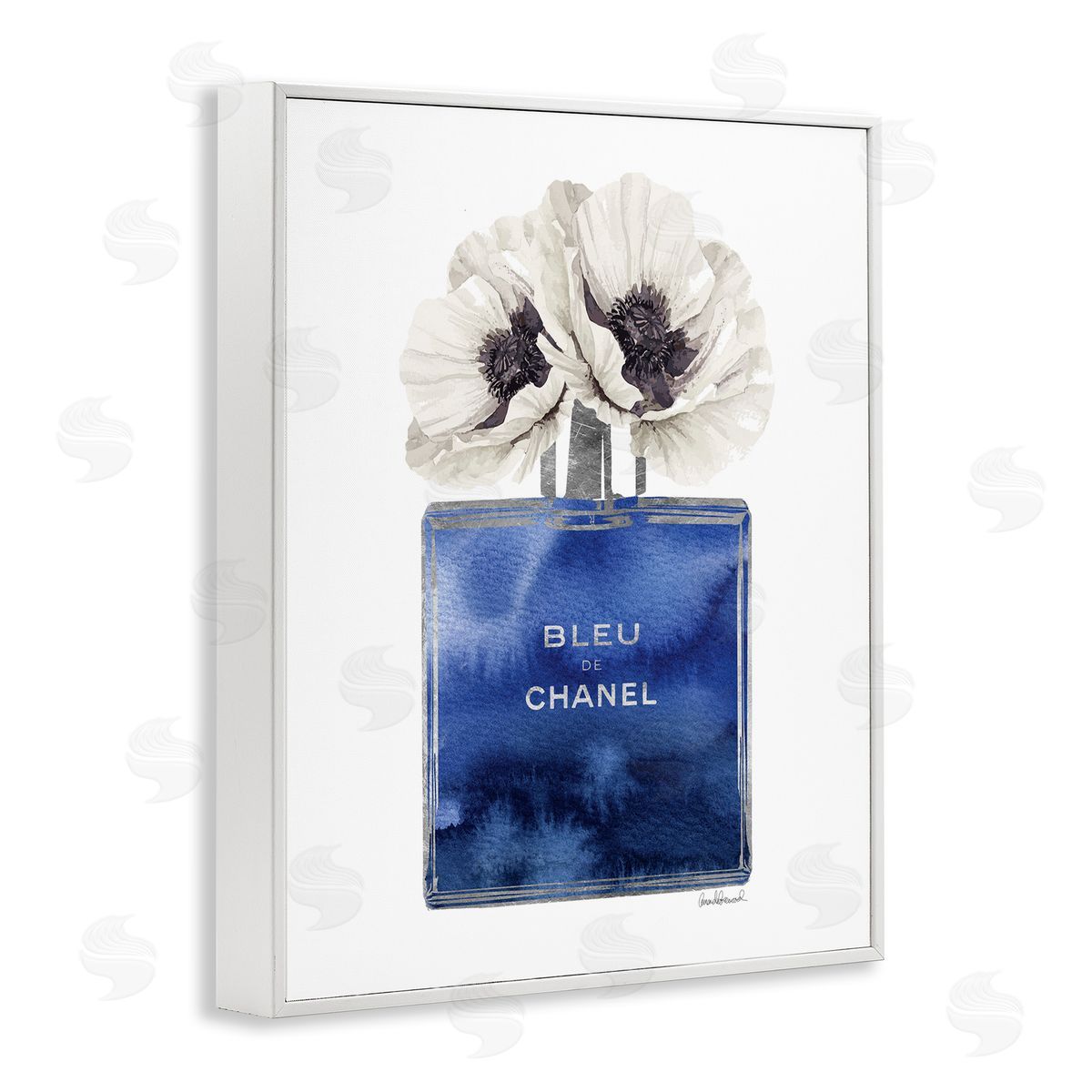 Blue Watercolor Floral Perfume White Frame Print Wall Art, Home Decor by Amanda Greenwood