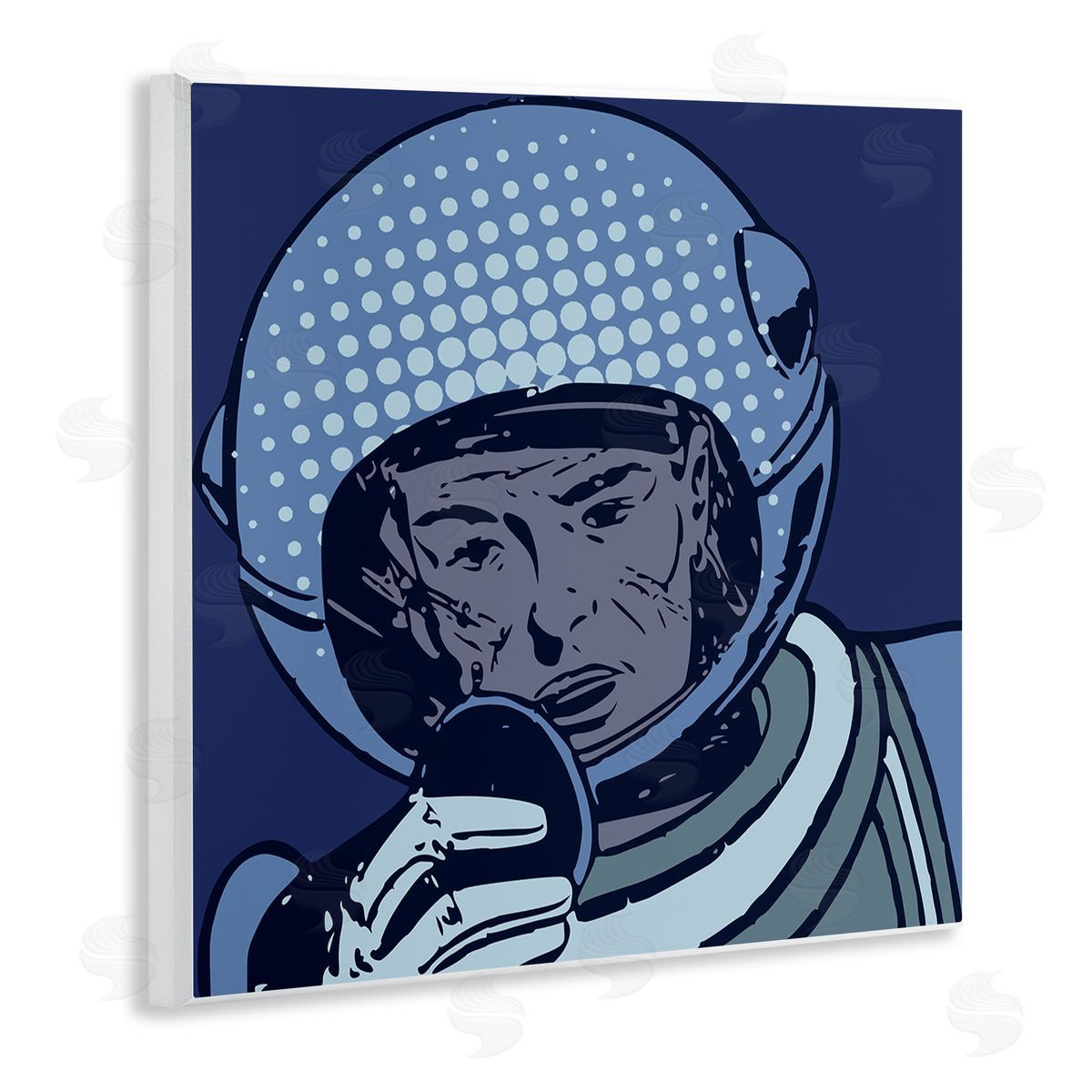 Stupell Studio Vintage Astronaut Portrait Retro Blue Pop Space Helmet Wooden Wall Plaque Art Print